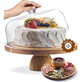 Libbey Acacia Wood Cake Stand with Lid, Footed Cake Stand With Cover, Durable Ball Top Handle Glass Dessert Dome