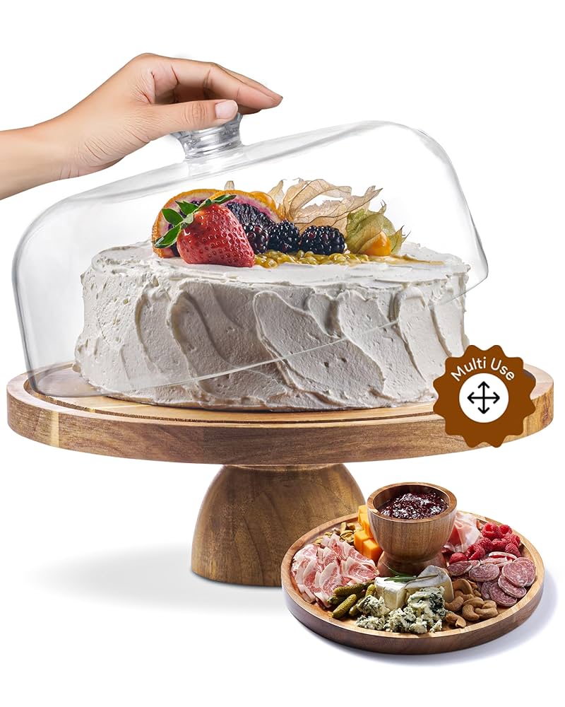 Acacia Wood Cake Stand with Lid - 12in Round Cake Holder, 2-in-1 Dessert Table Display Set & Charcuterie Board for Cheese, Chips & Dips, Nachos, Fruit Platter, Large Acrylic Cake Dome Cover