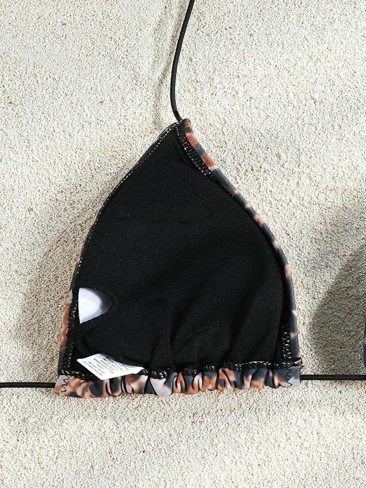 Damskie trójkątne bikini z poliestru i elastanu | Trójkątne bikini typu halter ze złotym krawatem z koralików