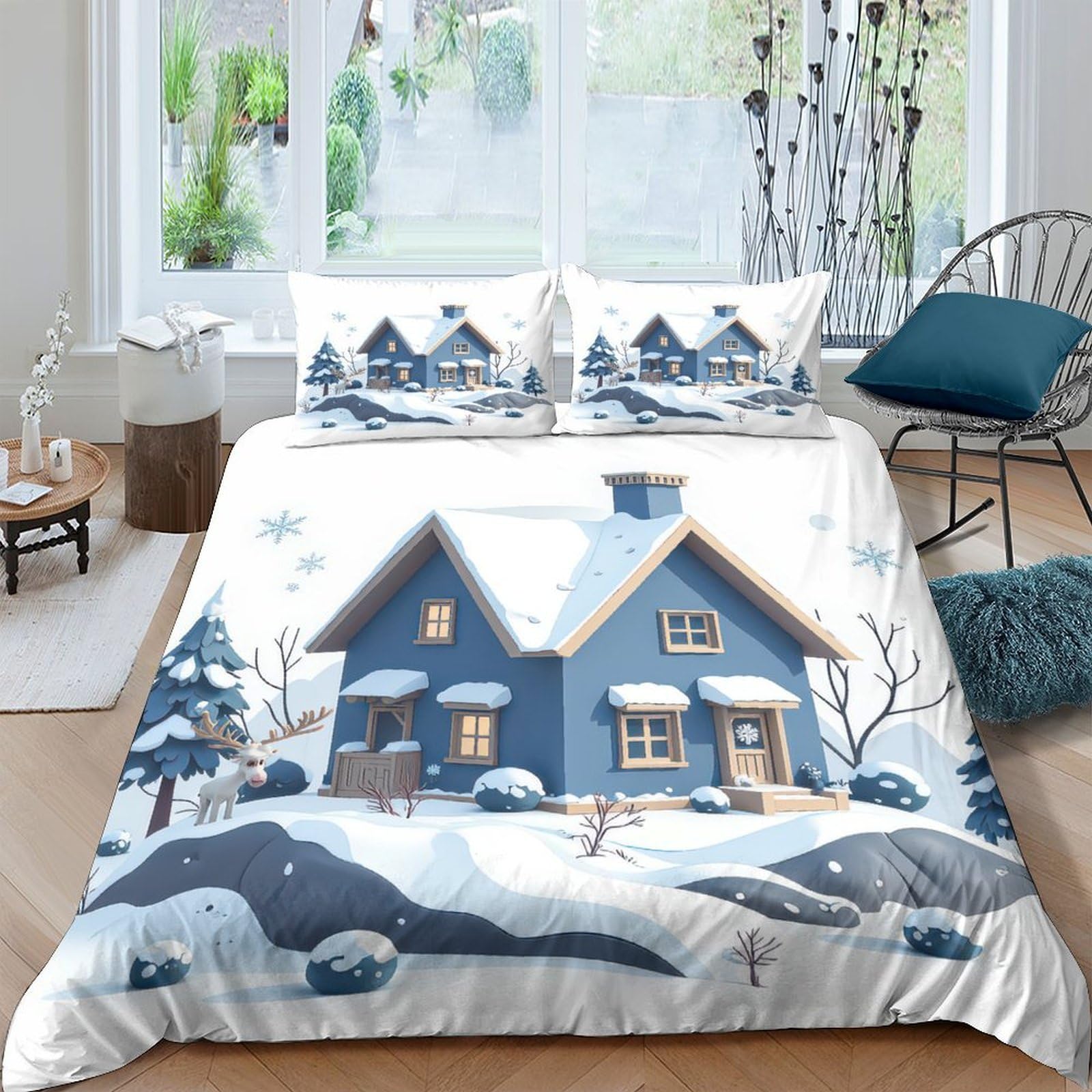GPLZQXKJNH 3D Printed Winter Cottage Duvet Cover Microfiber Soft Breathable Snowy Landscape Bedding Set with 2 Pillowcases for Bedroom Decor Single（135x200cm）