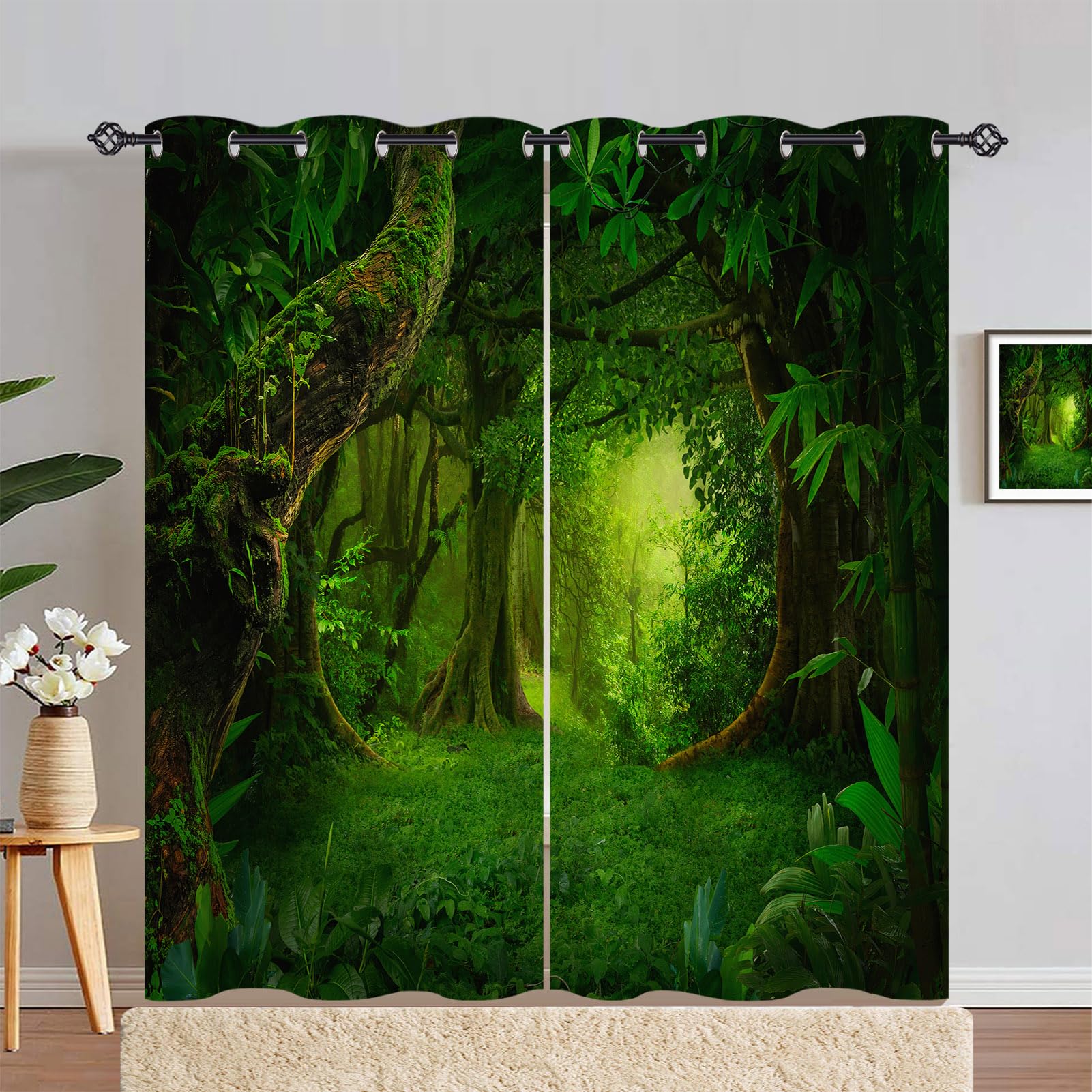 ANHOPE Jungle Curtains Eyelet Blackout Thermal Insulated Curtains Tropical Rainforest Forest Print Pattern Soft Soundproof Privacy Window Drapes for Bedroom Living Room 46 x 90 Inch 2 Panels
