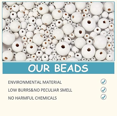 Miniatura 7 de PandaHall - 805 cuentas de madera blanca de 6 tamaños, 6, 8, 10, 14, 16 y 0.787 in, cuentas redondas de madera de macramé, cuentas sueltas para