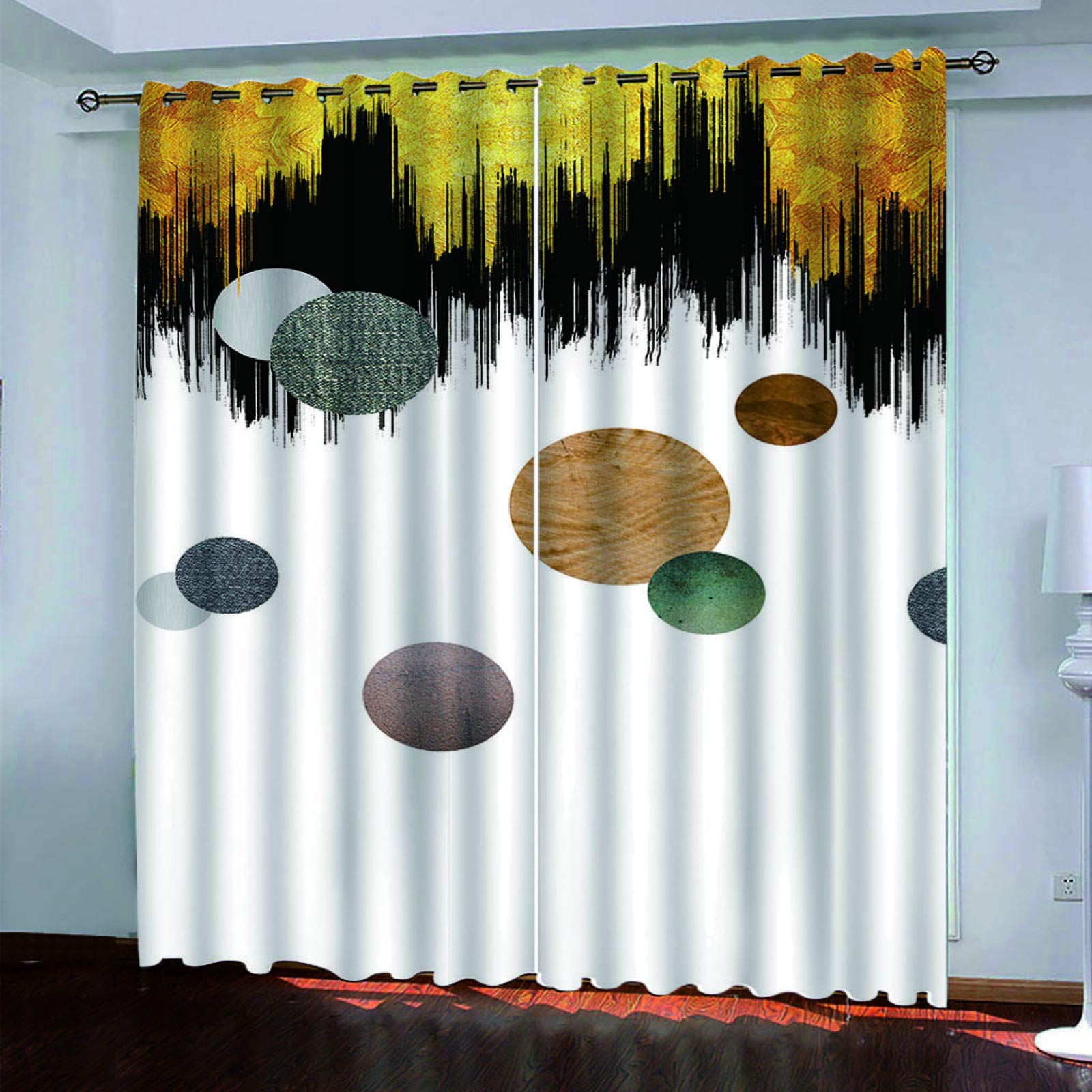 3D Black Gold Geometric Circle Printed Curtains Blackout For Living Room Eyelet - 2 Panels Super Soft Microfiber Drapes For Bedroom - Thermal Insulated Window Treatments Ring Top Home Decoration 300X2