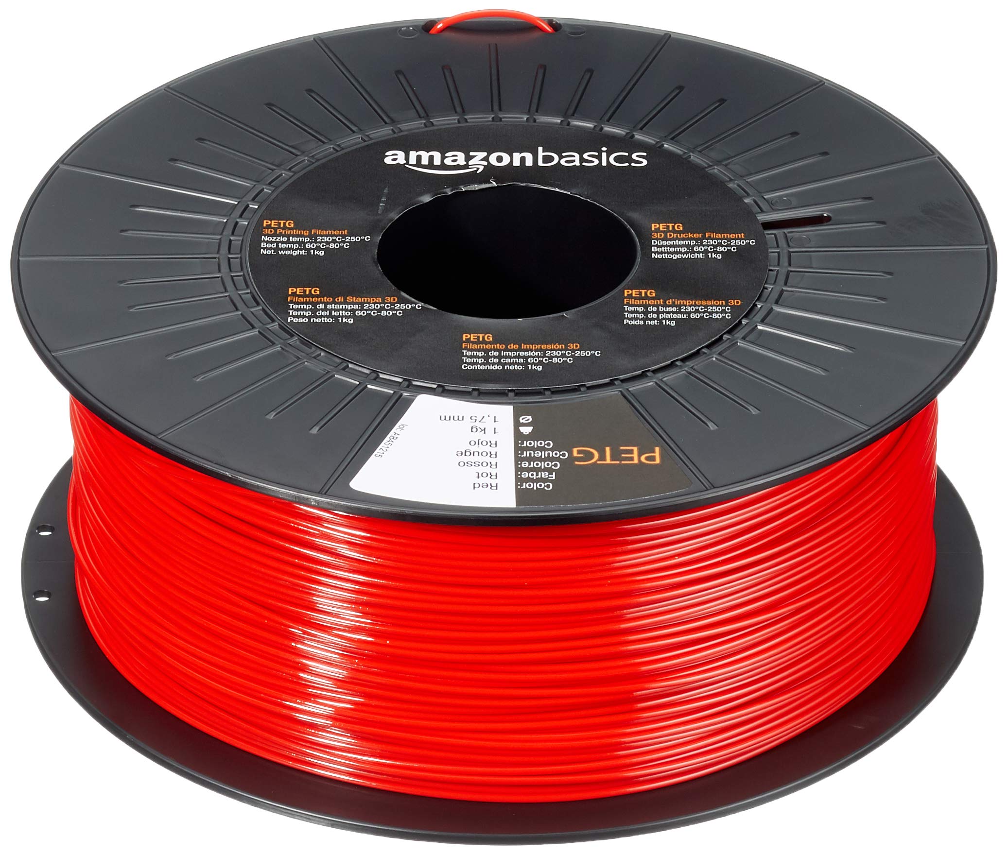 Amazon Basics 3D-Drucker-Filament aus PETG-Kunststoff, 1.75 mm, Rot, 1-kg-Spule (Packung mit 2)