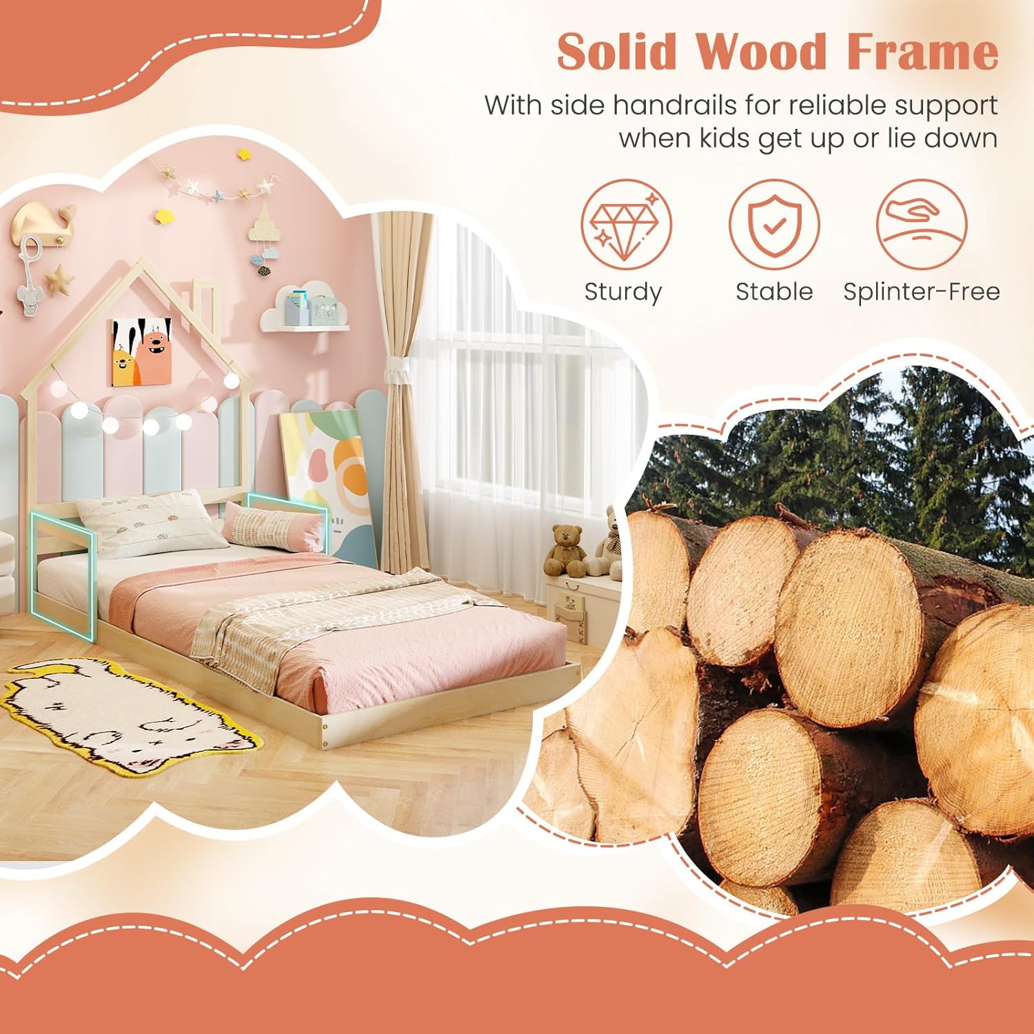 Giantex Twin Floor Bed for Kids, Wood Montessori Bed with Chimney Headboard, Without Slats, House Floor Beds Frame for Boys, Girls, Natural