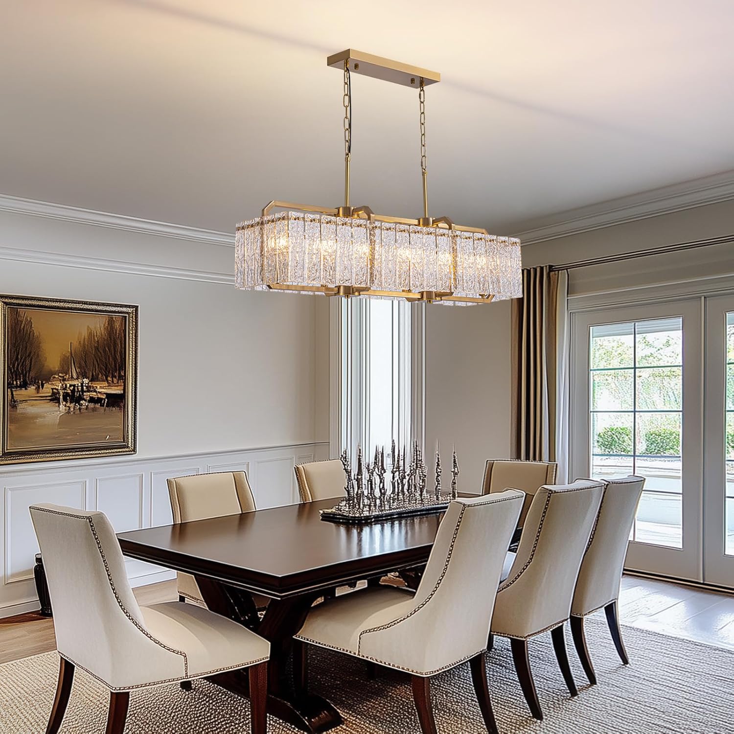 CROSSIO Gold Crystal Rectangle Chandelier, 40inch Large Rectangular Water Ripple Glass Island Light Fixture, Elegant Linear Lighting for Kitchen Island, Living Room