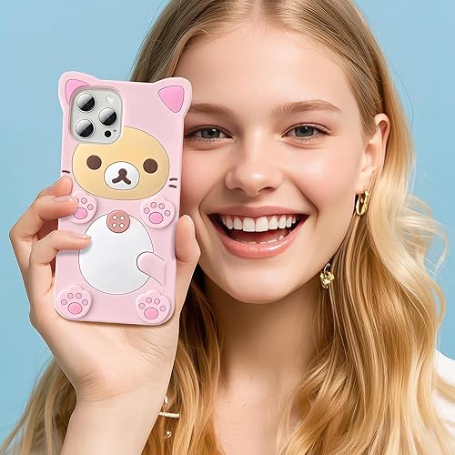Miniatura 8 de Funda de teléfono con diseño de oso de dibujos animados 3D para iPhone 14 Pro, moderna y elegante, divertido diseño de oso rosa, funda protectora de
