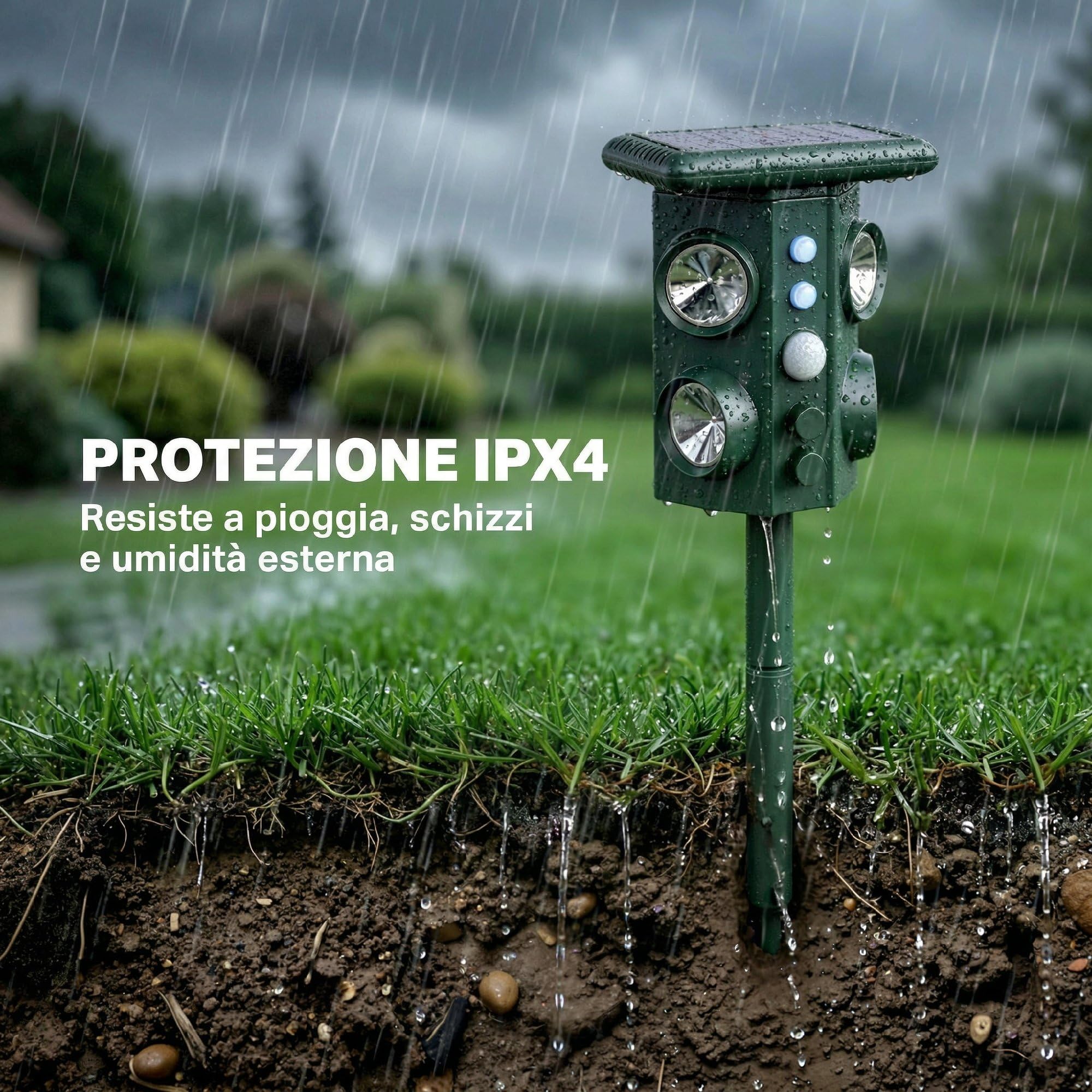 Outsunny Repellente Gatti Ultrasonico Solare Dissuasore per Gatti | 5 Modalità PIR, Flash LED, 110°, IPX4 Impermeabile, 4 Altoparlanti per Animali
