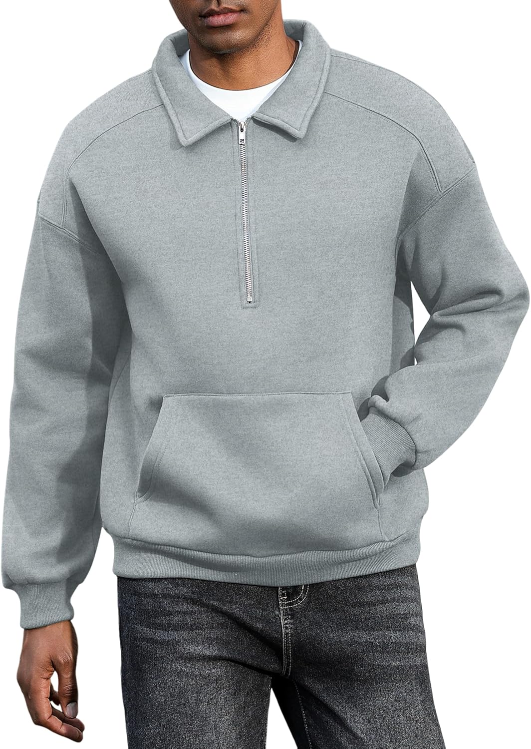  Mens Quarter Zip Sweatshirt Long Sleeve Casual Lined Fleece Warm Midweight Pullover Hoodies with Pocket Light Gray XL