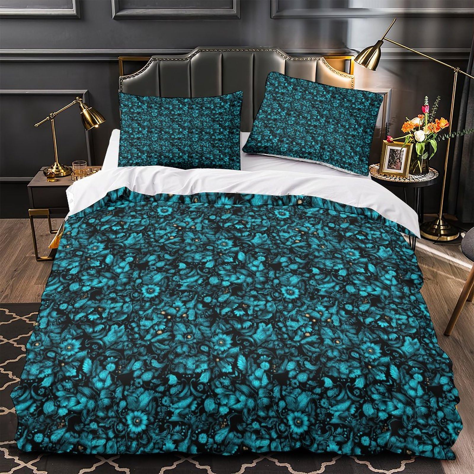 Housse de couette fleurie 3D King 220x240 en microfibre avec ses 2 taies d'oreiller