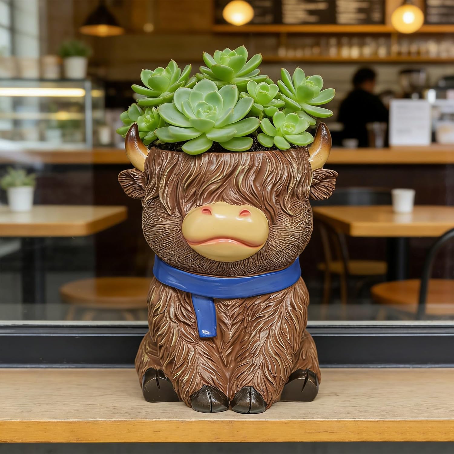 Cute Highland Cow Planter Pot - Resin Succulent Pot with Drainage, Aesthetic Scottish Cow Flower Pot for Boho Home Decor, Desk, Patio | Unique Cow Gifts for Women, Mom, Plant Lovers (Brown)