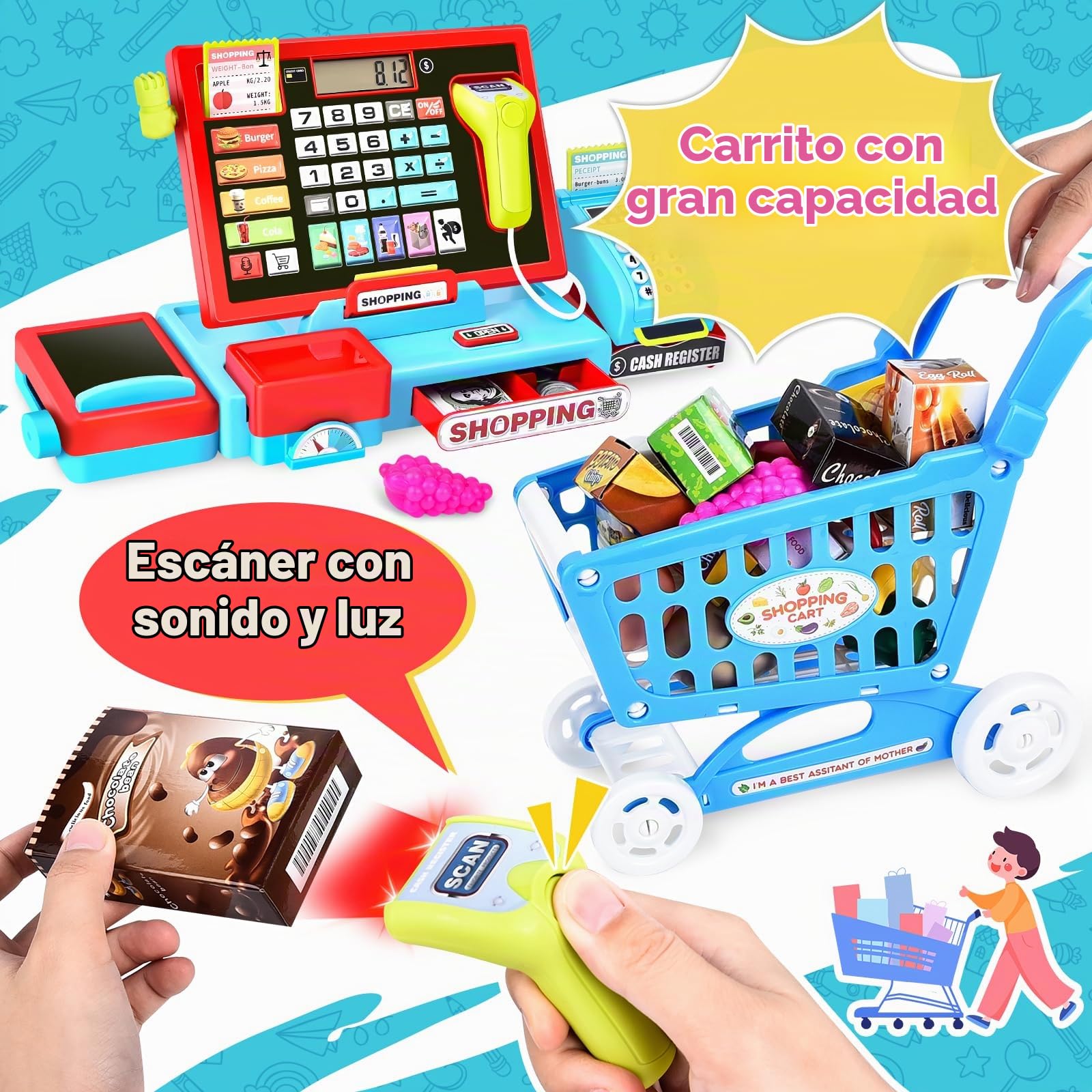 Caja Registradora Juguetes para Niños, Máquina Registradora con Electrónica Escáner Calculadora, Medidas 31*15*12cm, Caja Supermercado Juguete, Educativos Regalo para NiñAs Niños 3 4 5 Años