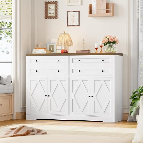 HOCSOK 100cm Tall Sideboard, Buffet Cabinet with 4 Drawers and 4 Doors | Adjustable Shelves, Large Sideboard Cabinet for Living Room, Dining Room, Kitchen, Wooden, White, 100H x 132.7W x 39.4D cm