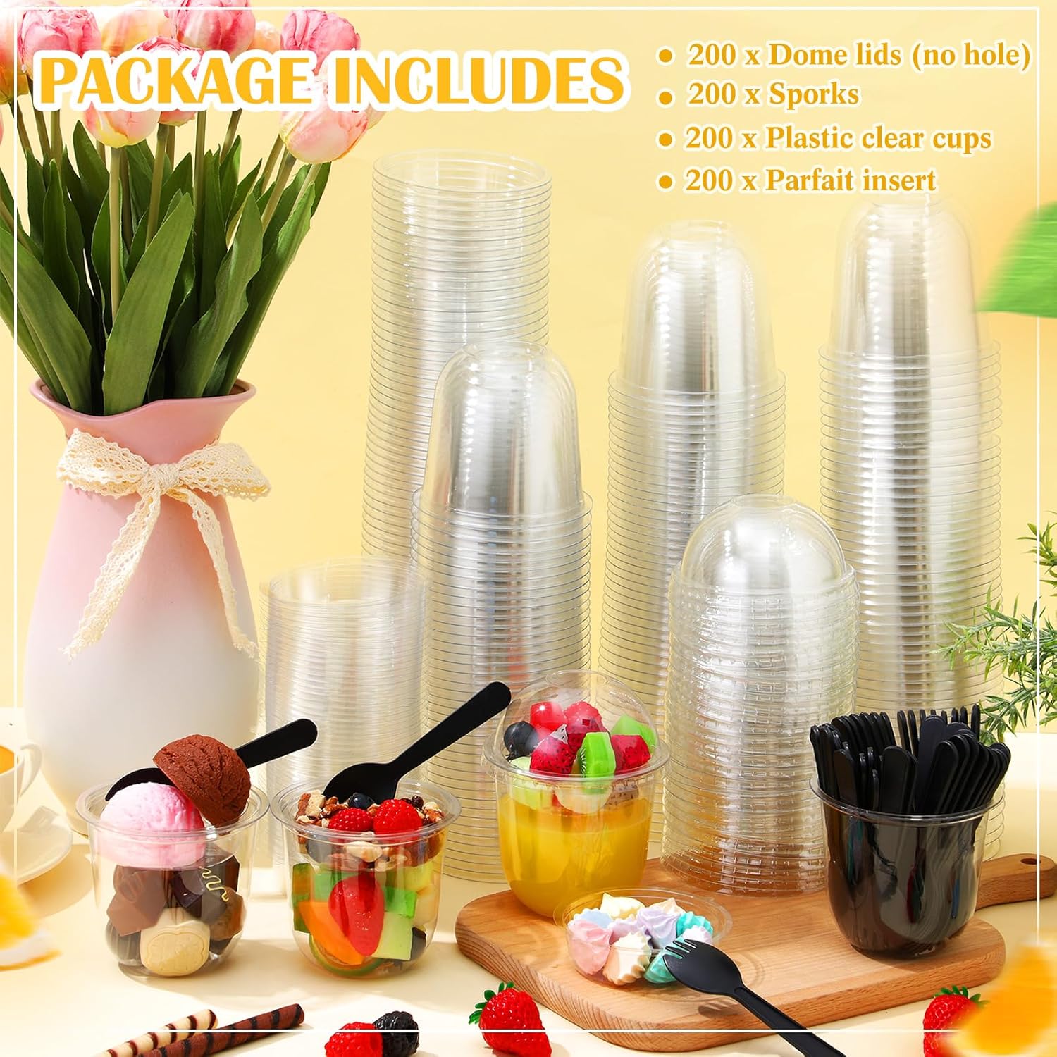 200 Pack 12 oz Clear Plastic Parfait Cups with Dome Lids No Hole Disposable Party Dessert Cups with Lids Insert Spork Round Fruit Containers with Lid for Yogurt Fruit Cereal Ice Cream