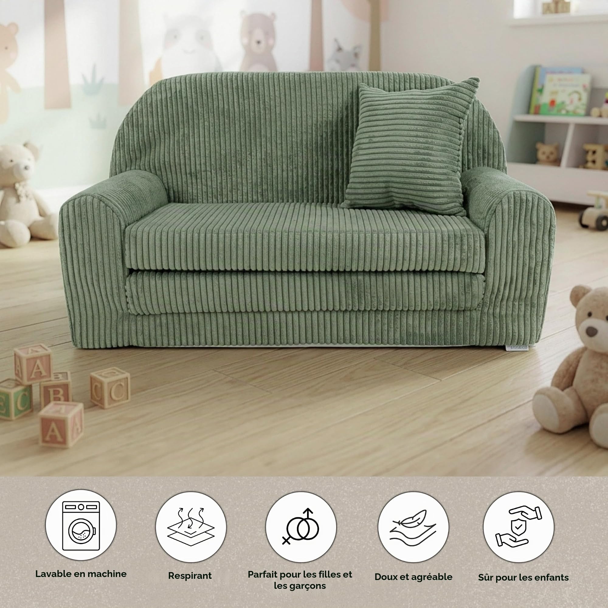 FORTISLINE Canapé enfant dépliable 78x45x40 cm - Canapé enfant en velours avec surface de couchage 104 cm, Mini canapé pour chambre d'enfant, Housse amovible et lavable, Oeko-TEX Standard 100
