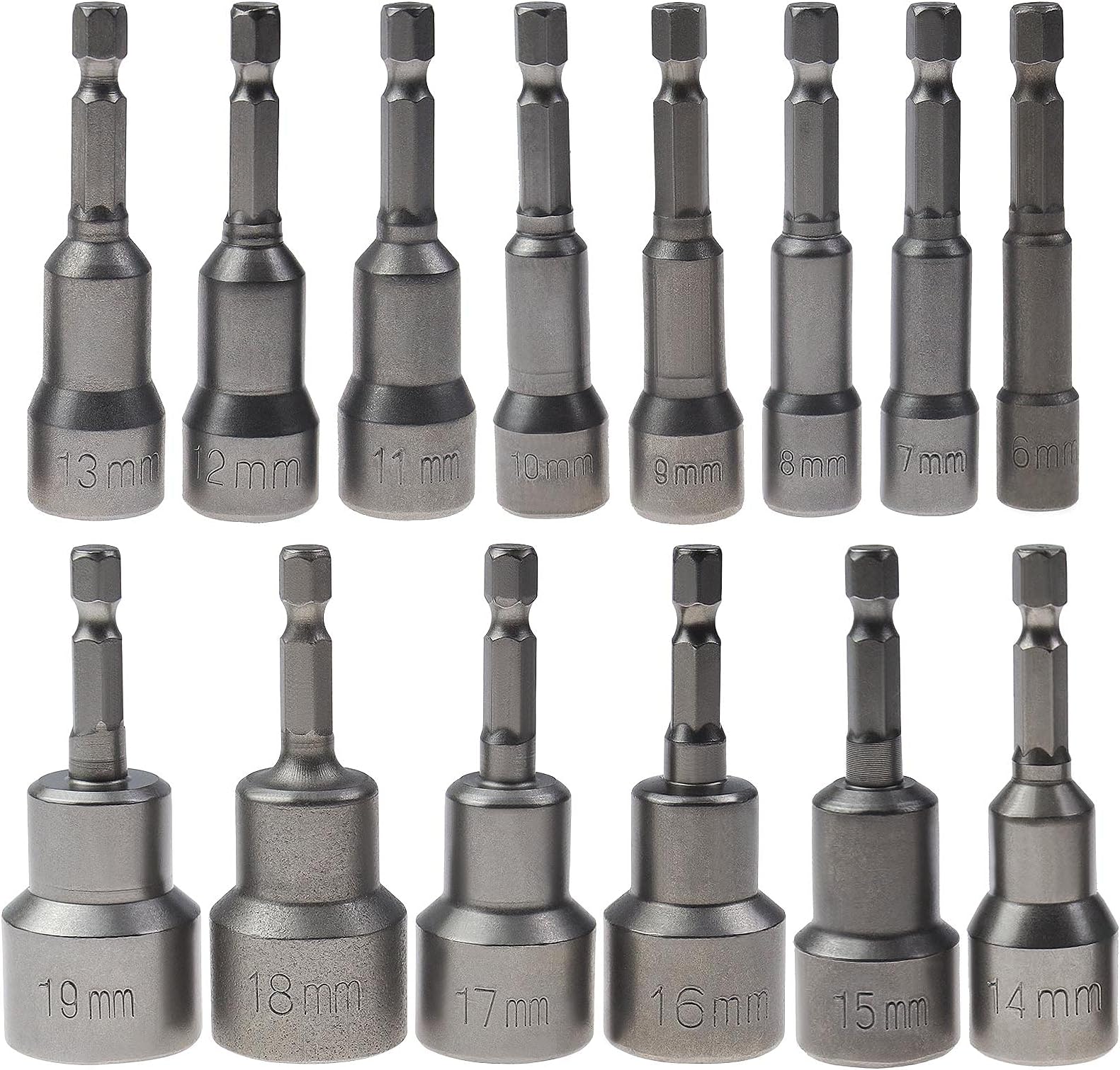 Micro Traders 14pcs Screw Power Drill Bit Metric Socket Bits Steel Hex Shank 1/4inch 6-19mm Magnetic Nut Driver Set 65mm Long for Pneumatic Screwdriver Electric Drill