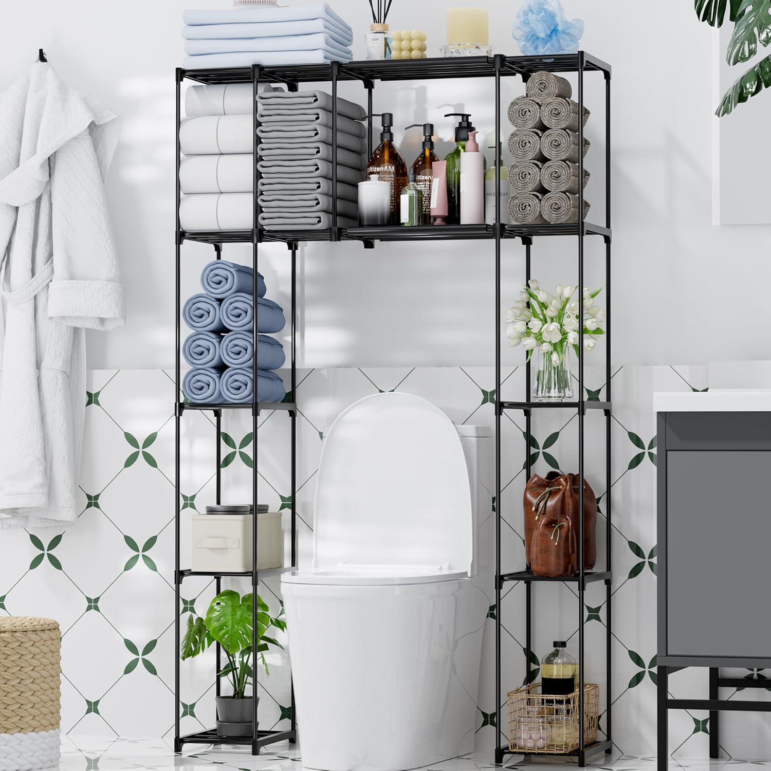 PPN Over The Toilet Storage Cabinet, Premium Bathroom Organizer and Storage Shelves for Small Spaces, Space-Saving Bathroom Shelving Units