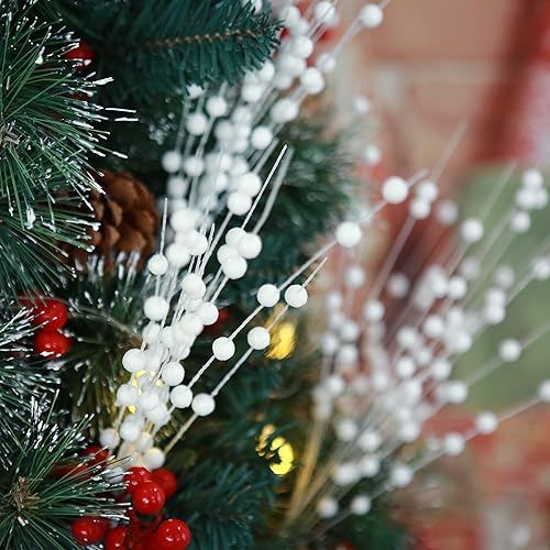 Miniatura 6 de Felice Arts Paquete de 6 tallos de bayas artificiales blancas con purpurina de 15.7 pulgadas, palillos de Navidad falsos decorativos con purpurina