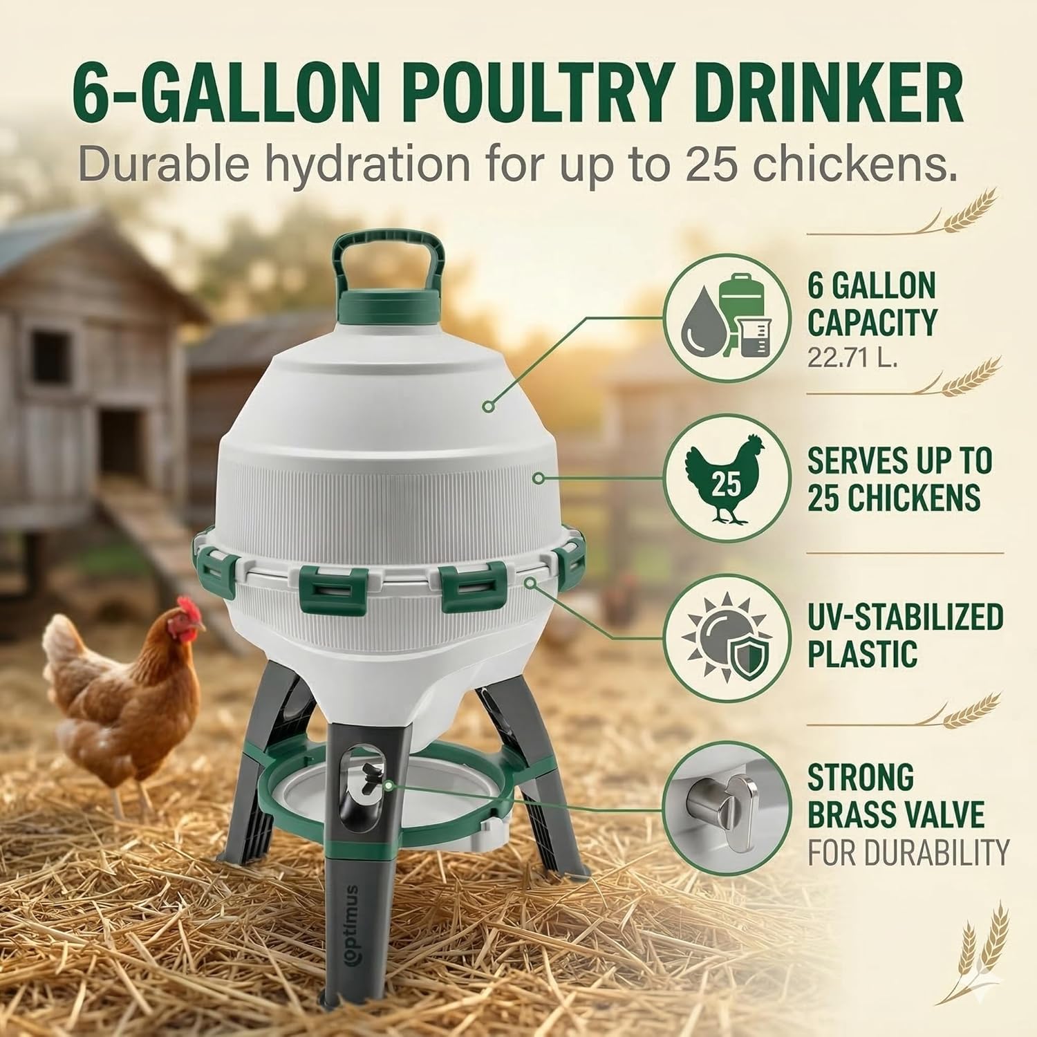 Hatching Time Automatic Poultry Drinker 6 Gallon 22.7 L – Gravity-Fed Chicken Waterer for Coop – UV-Stabilized Plastic Chicken Water Feeder – Easy-Clean, Top-Fill Water Dispenser for Chickens & Ducks