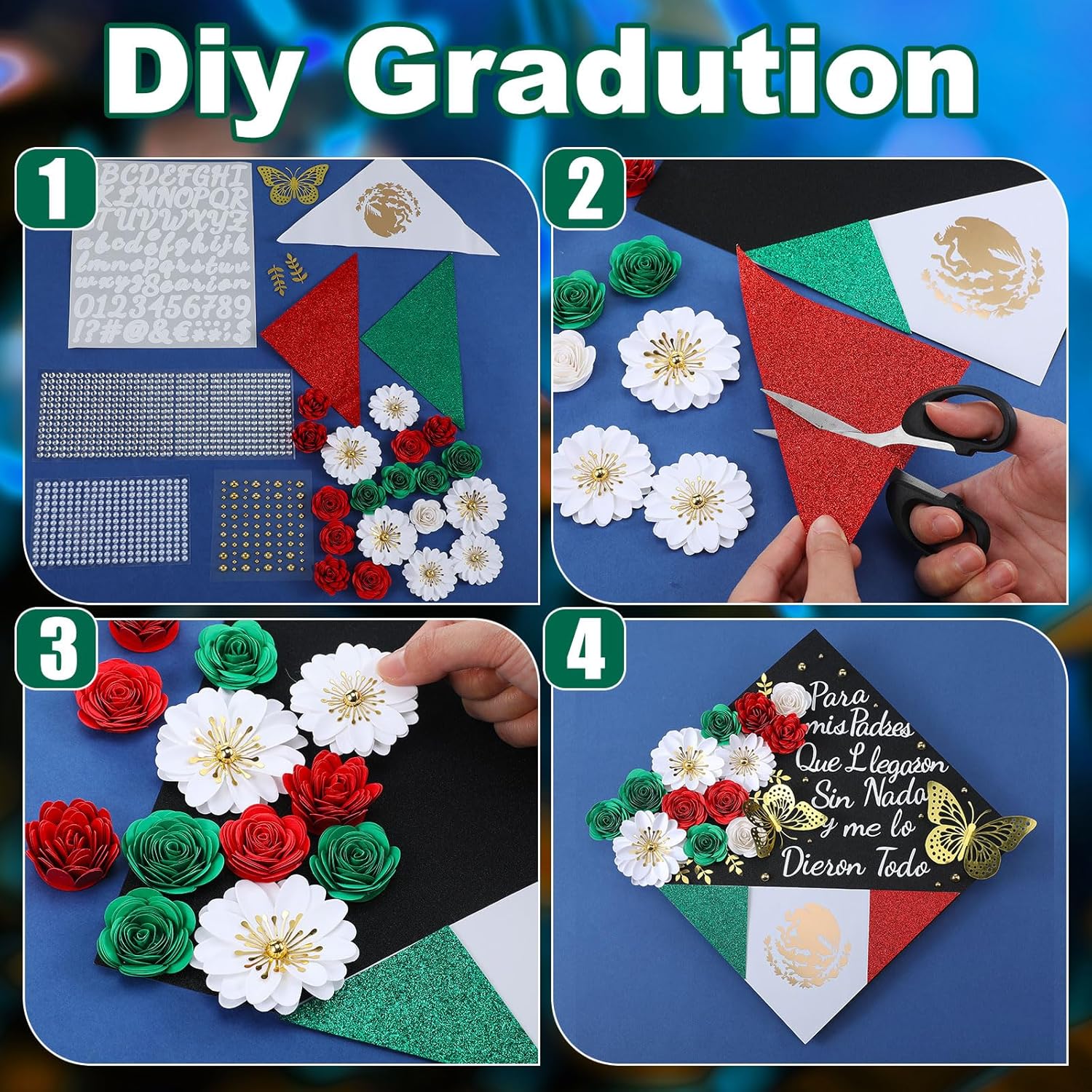 Humyoun 44 Pcs DIY Graduation Cap Decorations Kit, Mexican Graduation Stole Sash Flower Heads 3D Butterfly Stickers Glitter Rhinestones Pearl Stickers Alphabet Letter Number for Grad Cap Topper Gift
