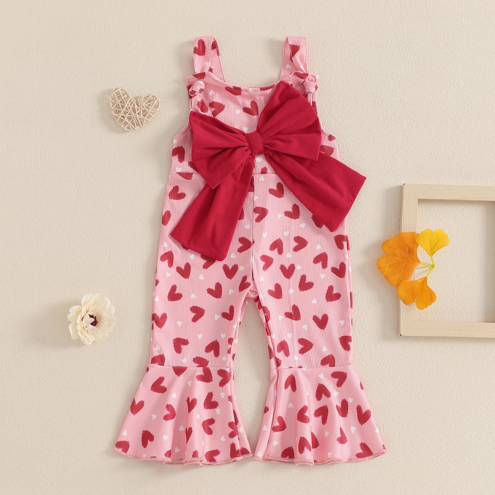Socutebabe Toddler Kids Baby Girl Valentines Bell-Bottom Jumpsuit Romper Overalls Heart Print Flare Pants Outfits (Red, 6-12 Months)
