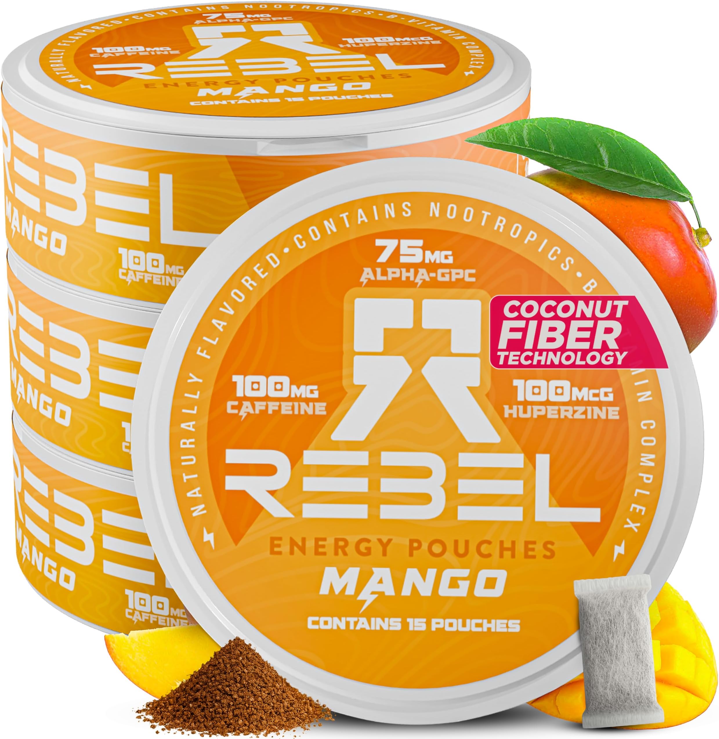 Rebel Supplements Nootropic Energy Caffeine Pouches • 100Mg Caffeine • Alpha Gpc • Huperzine A & Essential Vitamins • Sugar Free • Coconut Fiber Technology • Mango Flavor • 15 Pouches By La