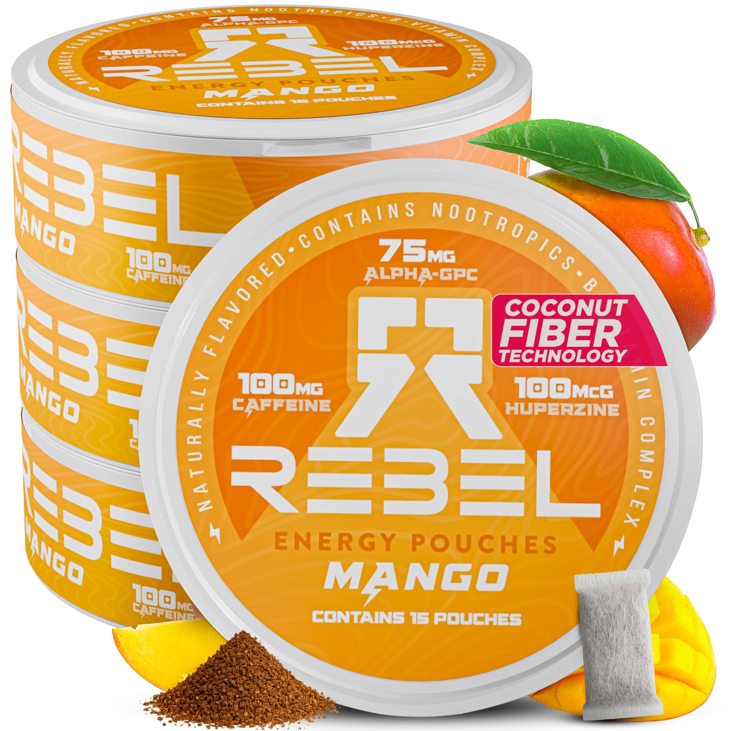 Nootropic Energy Caffeine Pouches (Mango) • 100mg Caffeine • Alpha GPC • Huperzine A & Essential Vitamins • Sugar-Free • Coconut Fiber Technology • 15 Pouches Per Can (Pack of 4)