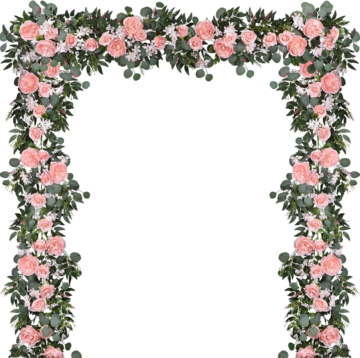 Lvydec 2 Pack Artificial Peony Flower Garland - 6ft Silk Peony Vine Willow Leaves and Eucalyptus Garland White Arch Flower Vine for Wedding Party Table Decoration (Pink)