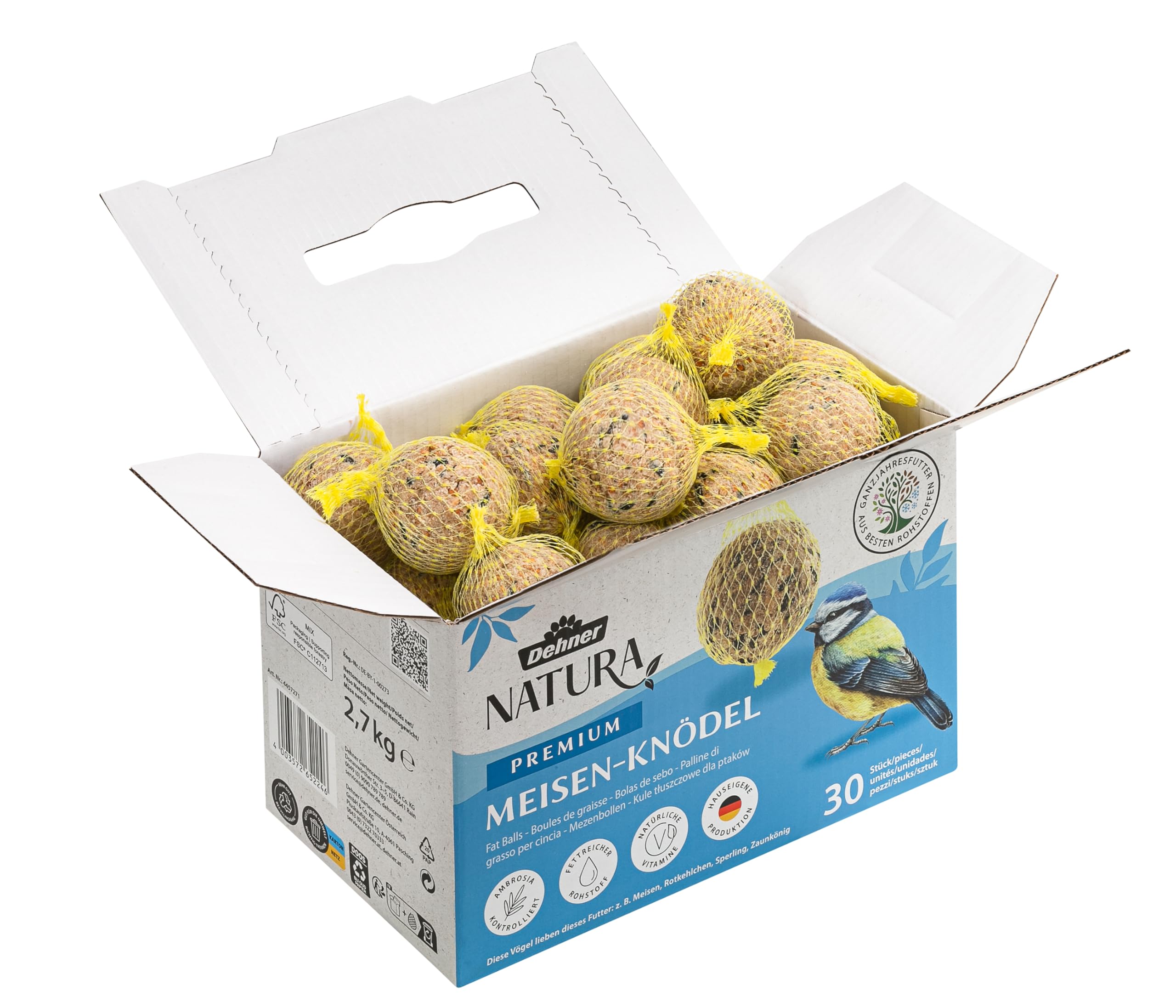 Dehner Natura Mangime per uccelli selvatici palline per cinciallegre rete biologica 30 pezzi 2,7 kg