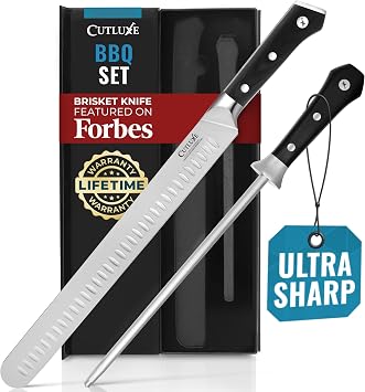 Cutluxe BBQ Knife Carving Set 12" Brisket Knife & 10" Honing Rod, Butcher Knife Set for Meat Cutting Ultra Sharp German Steel, Ergonomic Pakkawood Handles Artisan Series