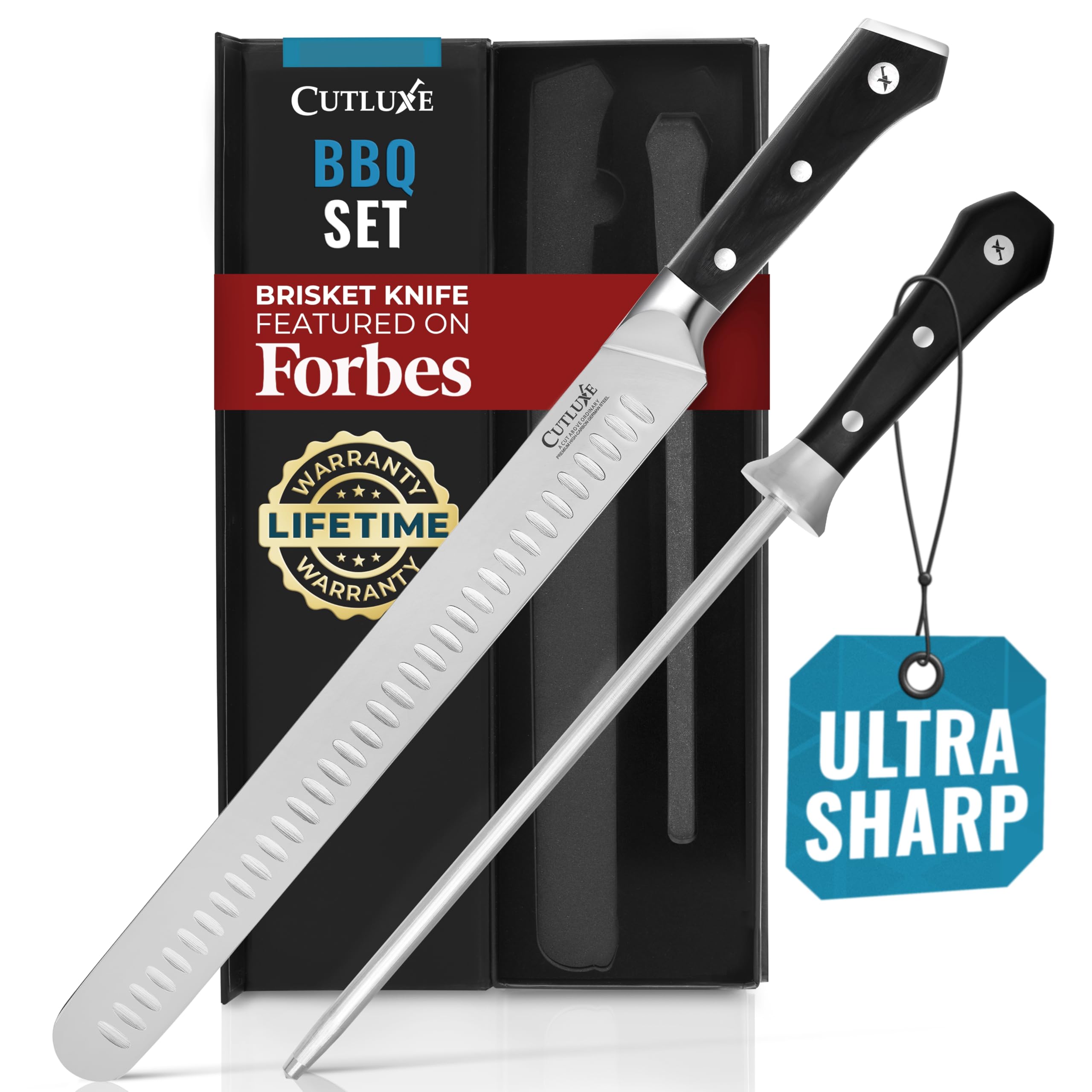 Cutluxe BBQ Knife Carving Set – 12" Brisket Knife & 10" Honing Rod, Butcher Knife Set for Meat Cutting – Ultra Sharp German Steel, Ergonomic Pakkawood Handles – Artisan Series