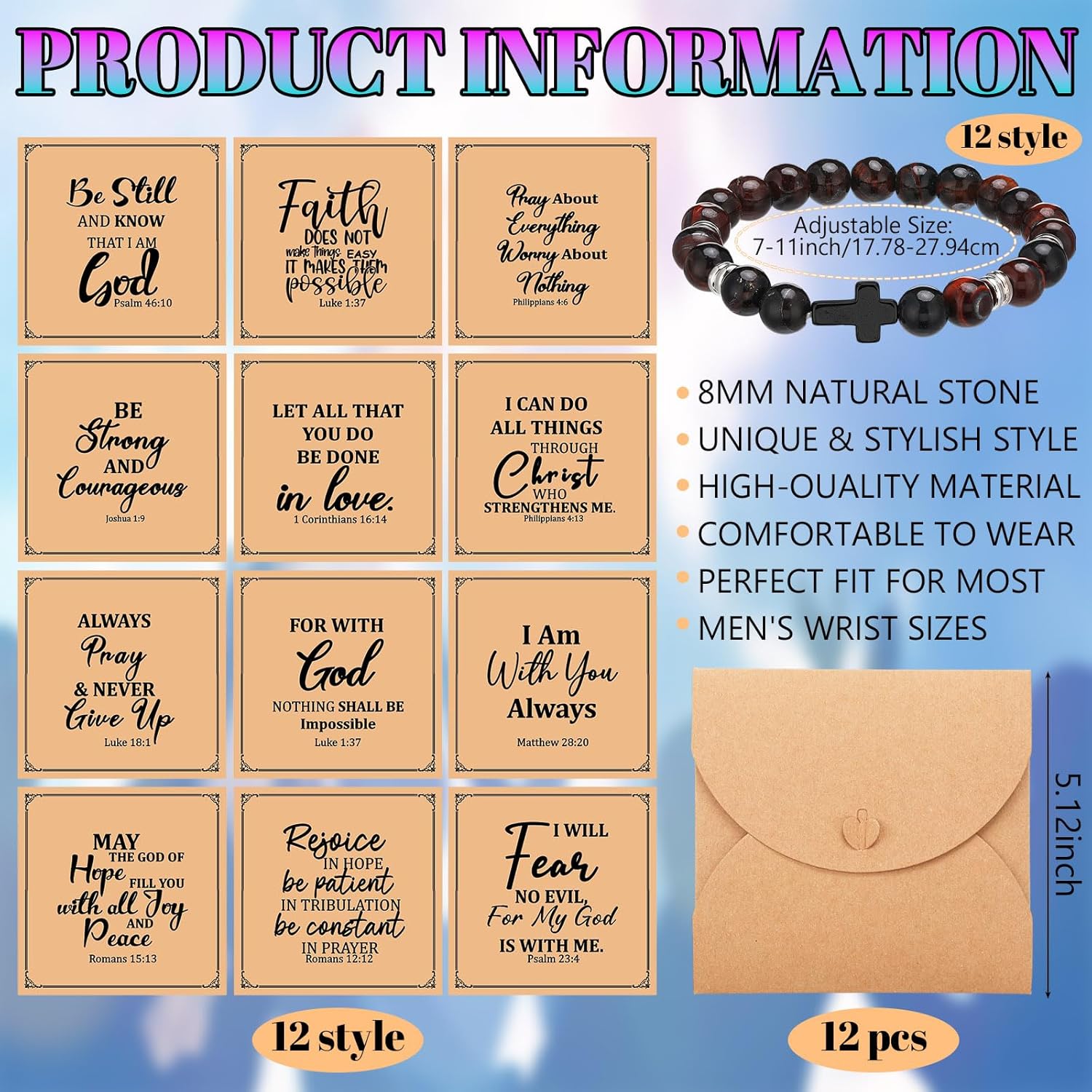 Cunno 12 Set Christian Cross Bracelets Bulk Religious Cross Beaded Bracelet for Women Men 12 Natural Beaded Stuffs Inspirational Cards Envelope Christian Jewelry Faith Gift(Classic Style,Dark Color)