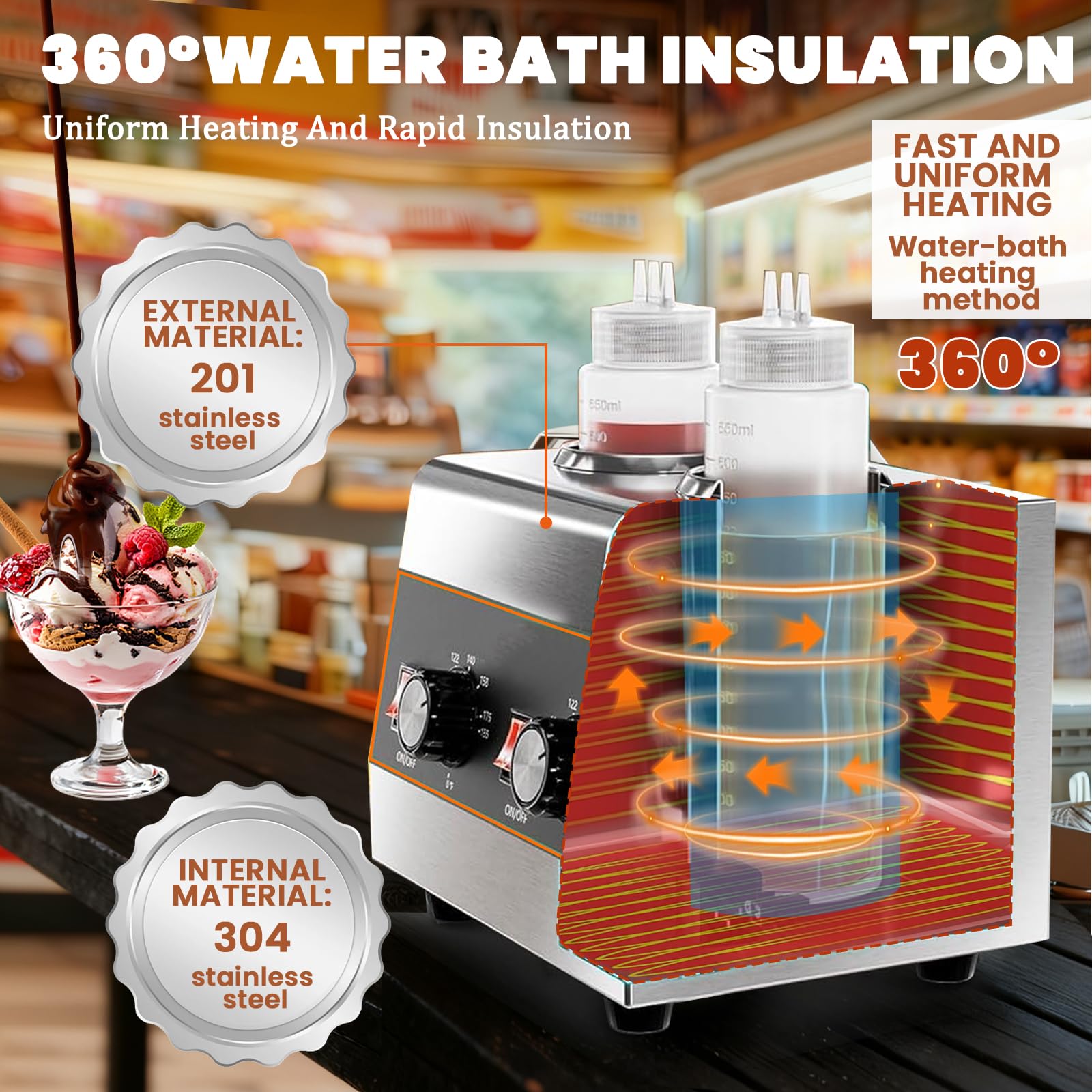 Dispensador eléctrico de salsa de queso, dispensador de queso Nacho, calentador de chocolate comercial, dispensador de dulce caliente para queso Nacho, caramelo, con botellas exprimibles de 650 ml, 2