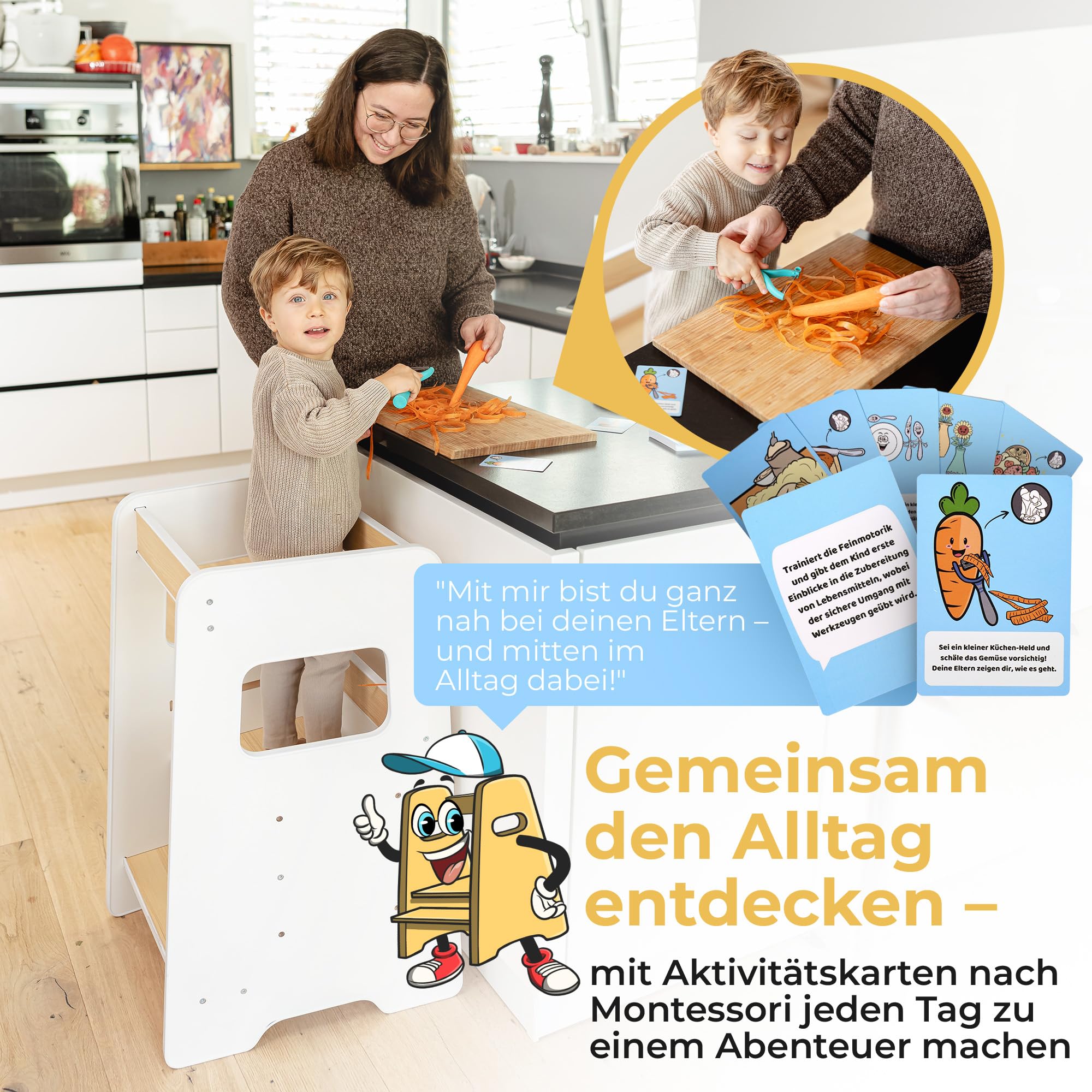 Lernturm für Kinder ab 1 Jahr – Mit Aktivitätskarten für echte Nutzung im Alltag, sicherer Learning Tower mit Wobble Stop Design, 2 Stufen & höhenverstellbar für Küche & Bad | Montessori (Weiß)