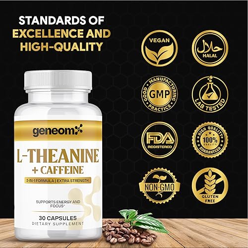 Miniatura 5 de Suplemento de L-teanina + cafeína, fórmula 2 en 1 extra fuerte para claridad mental, energía y concentración con extracto de grano de café verde