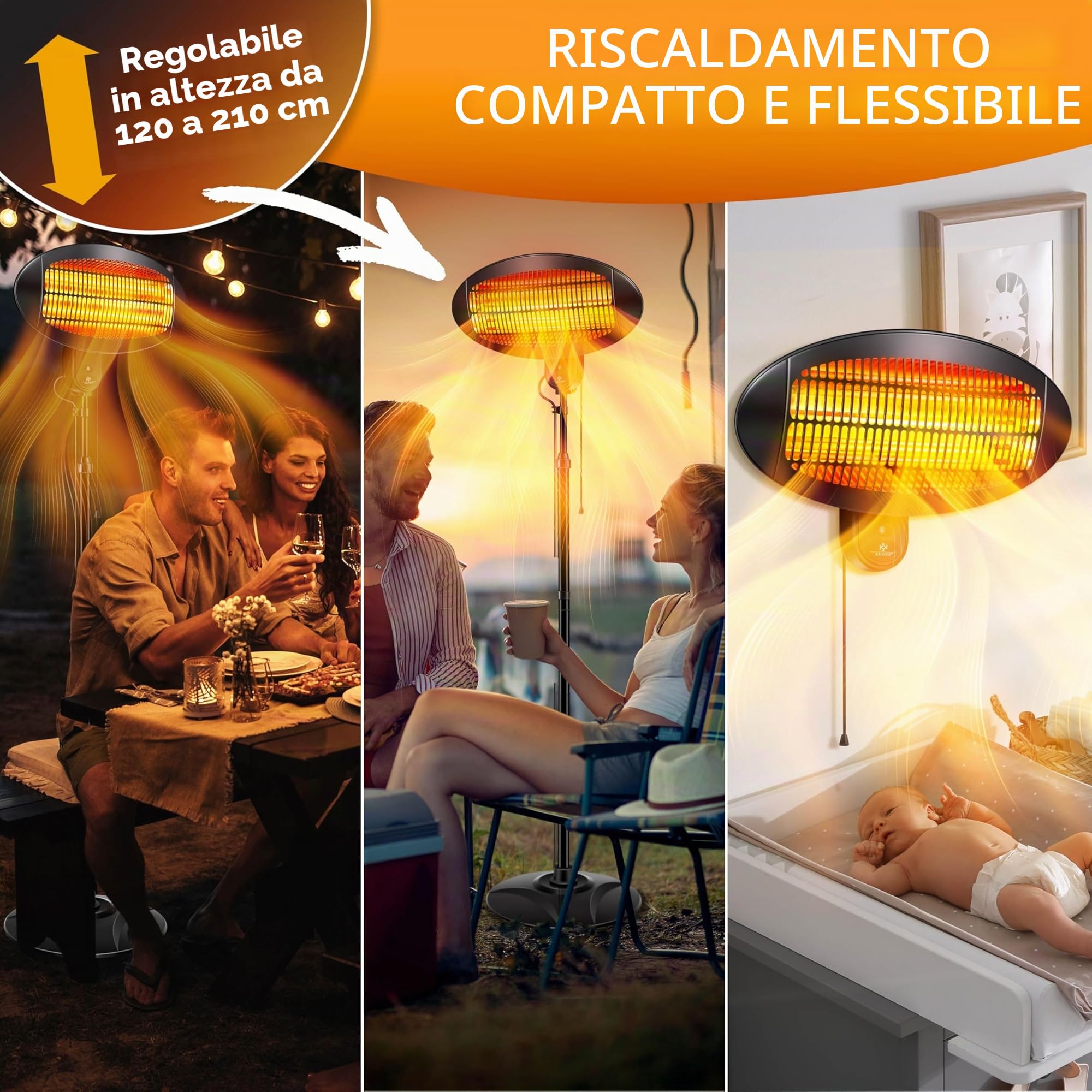 KESSER Riscaldamento radiante 2000 Watt infrarossi da terra regolabile in altezza