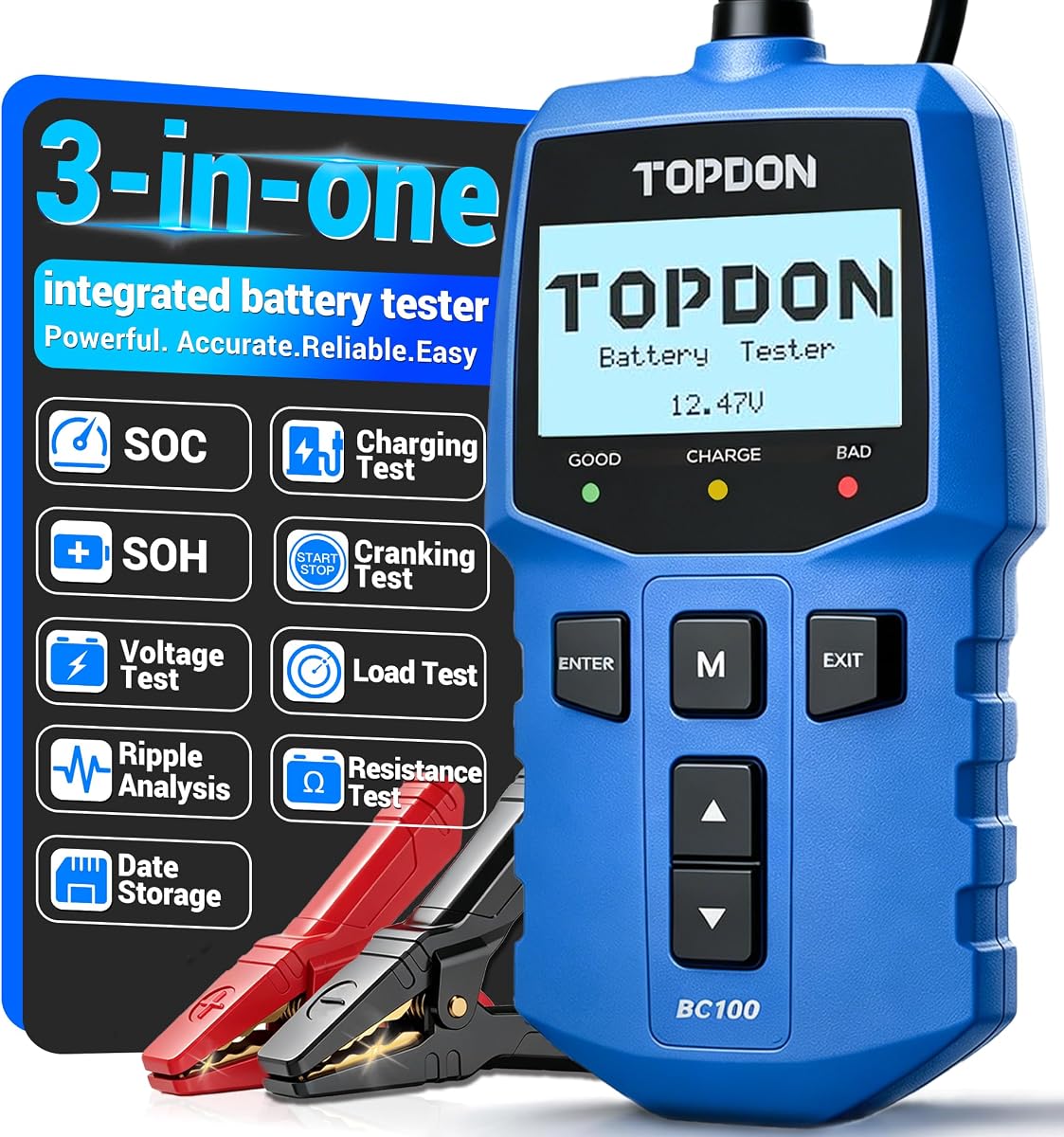 Car Battery Tester 12V Automotive, BC100 Alternator Diagnostic Tool | 100-2000 CCA Load Tester,2026 New 3 in 1 Charging & Cranking Analyzer for Car Truck Motorcycle ATV SUV Boat Yacht and More