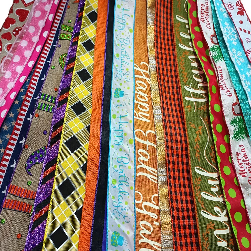 Amazon.com: 20 Assorted Seasonal Fabric Wired Edge Ribbons 1.5” and 2.5 ...