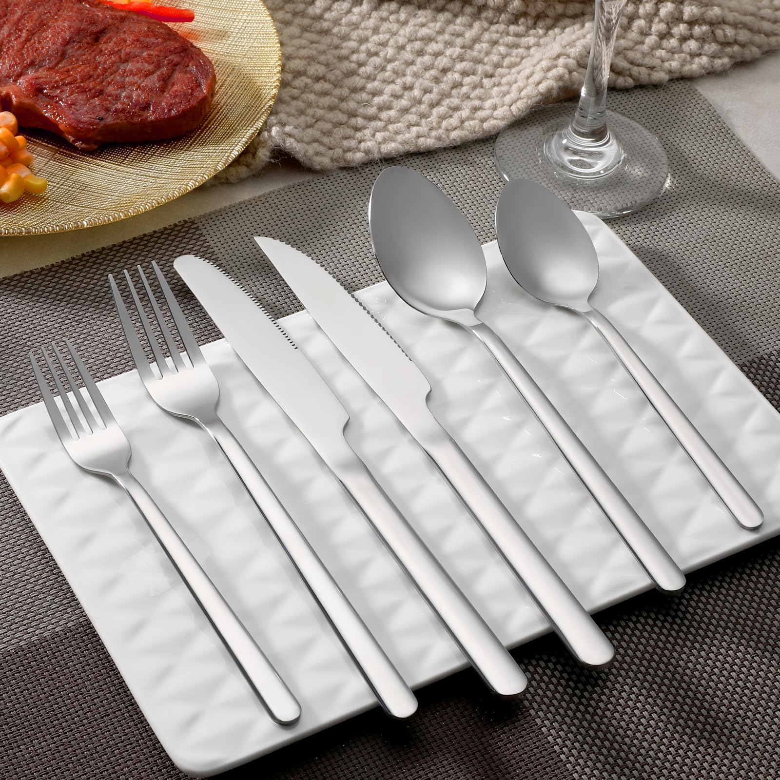 24 Pcs Silverware Set with Steak Knives, Stainless Steel Flatware Set for 4, Food-Grade Cutlery Set, Mirror Polished Tableware Eating Utensils Set for Kitchen, Knife Fork Spoon Set, Dishwasher Safe