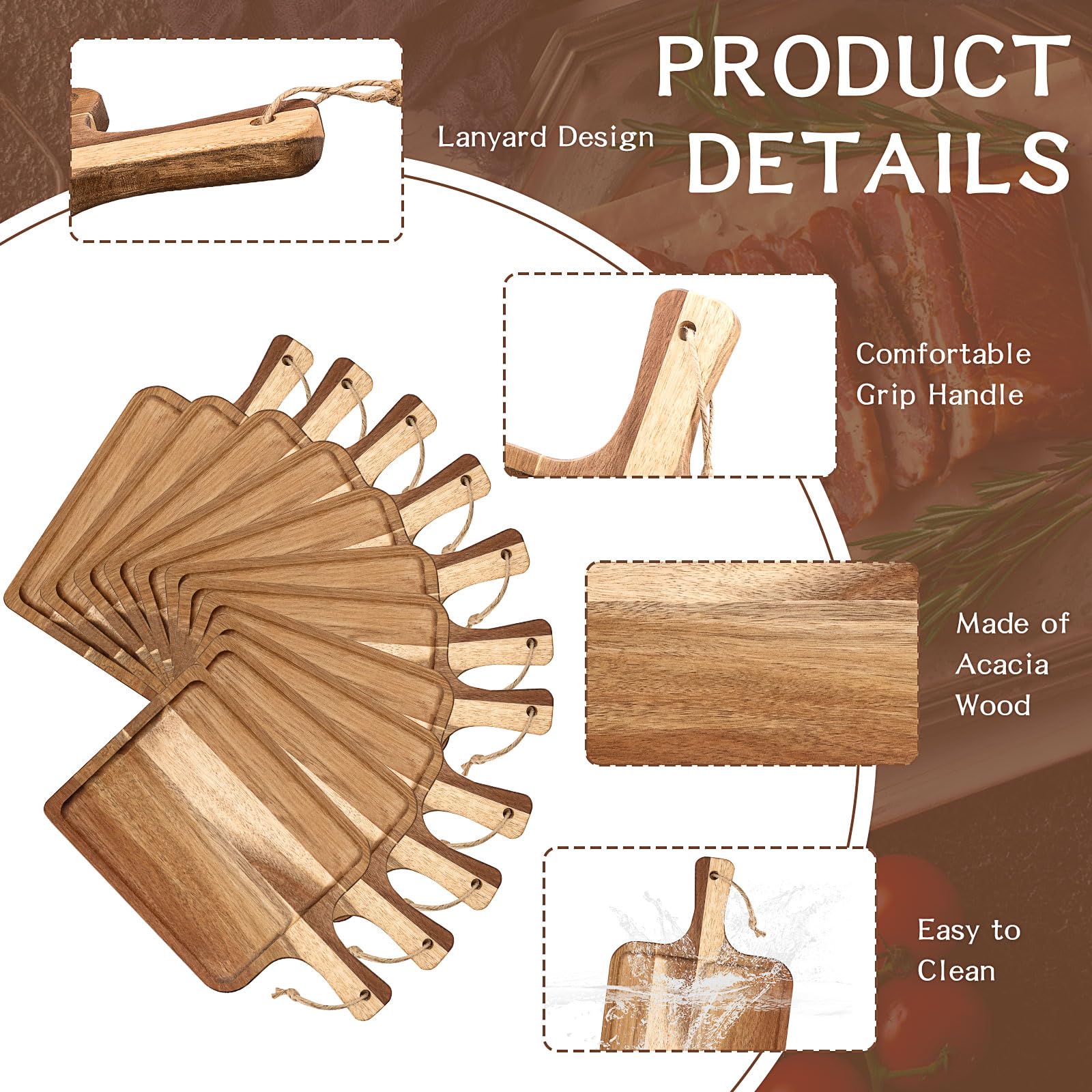 Tabla de cortar de madera de acacia con asa, 10 piezas, tabla decorativa para charcutería, pizza, queso, frutas, para cocina, decoración de mesa de Navidad (35 x 20 cm)