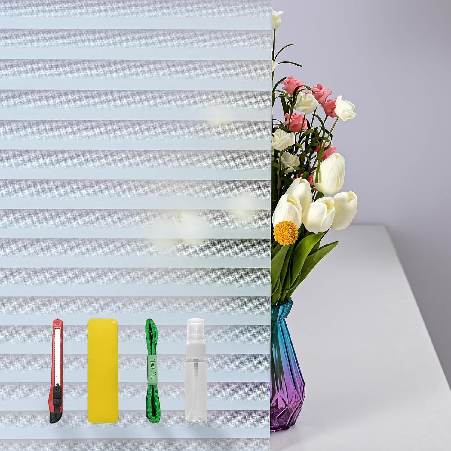 DERZGAO Window Privacy Film with Installation Tools, Blinds Pattern, Static Cling, Anti UV, Heat Control, Ideal for Home Shower Office Glass Door (Blinds Pattern, 23.6X118.1Inch)