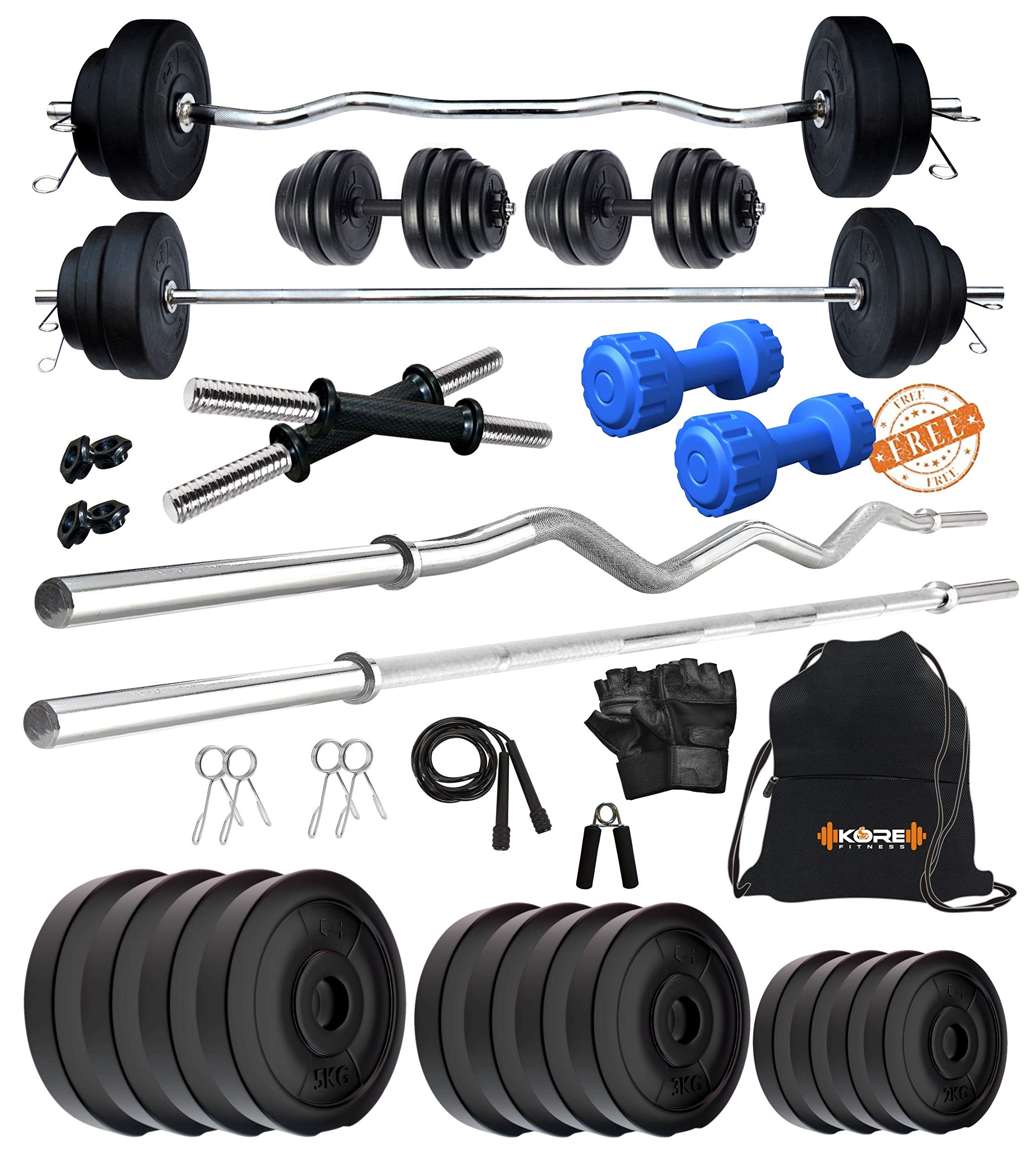 Kore PVC 20-50 Kg Home Gym Set with One Plain + One Curl and One Pair Dumbbell Rods with Gym Accessories and PVC Dumbbells-image-47