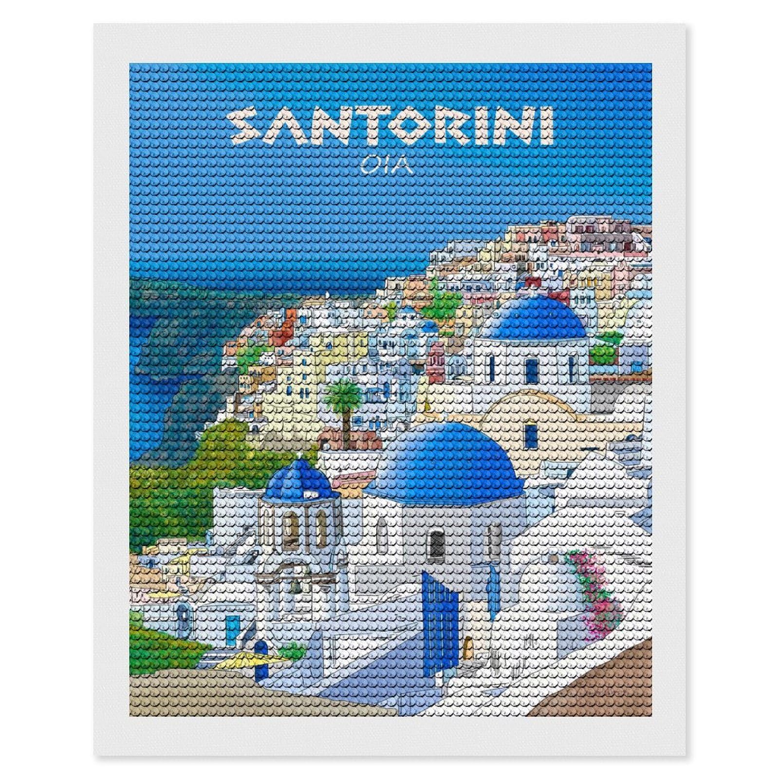 Junmoney Santorini Oia Greece Travel Illustration Diamond Art Canvas 16"x20", for Creative Relaxation, Simple to Start, Aesthetic Room Decor, Holiday Gift Idea