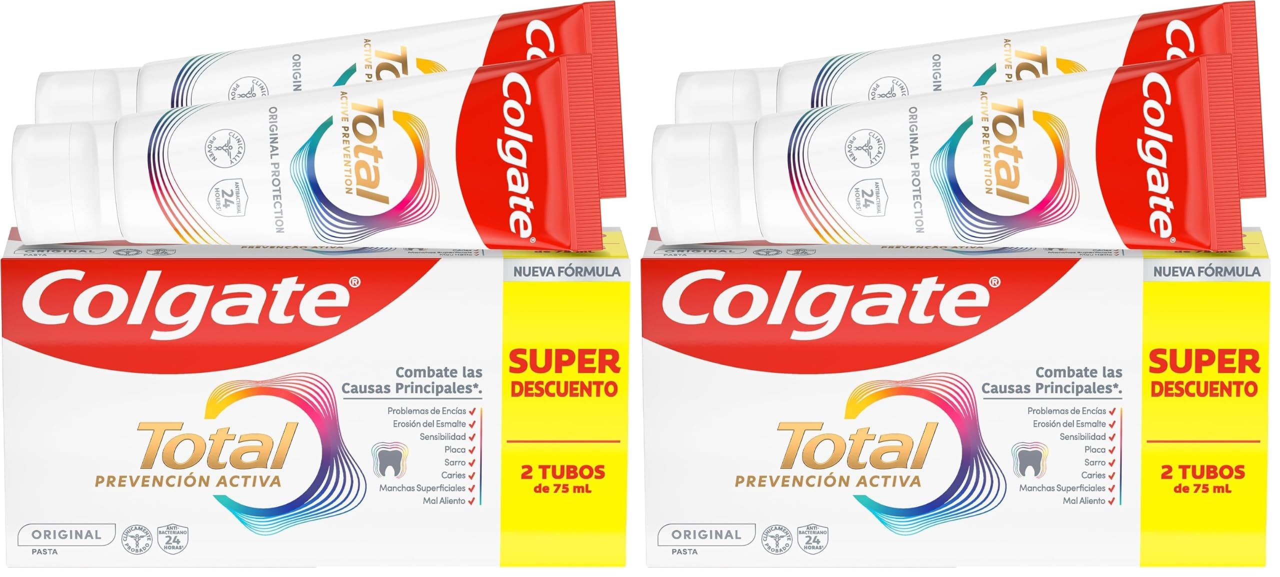Colgate Total Prevención Activa Original Pasta de Dientes 2x75ml | Combate las causas principales* de los problemas de salud bucodental | 24h de Protección antibacteriana¹ | Clínicamente Probado en oferta en Amazon