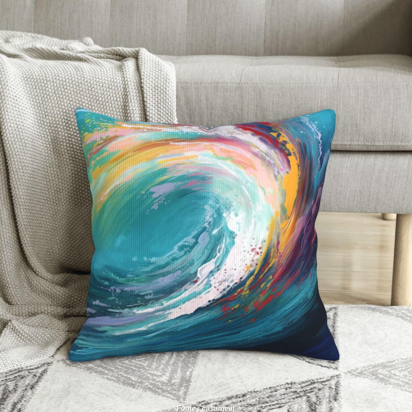 Housse de coussin en velours côtelé 41x41 cm à motif de vague colorée