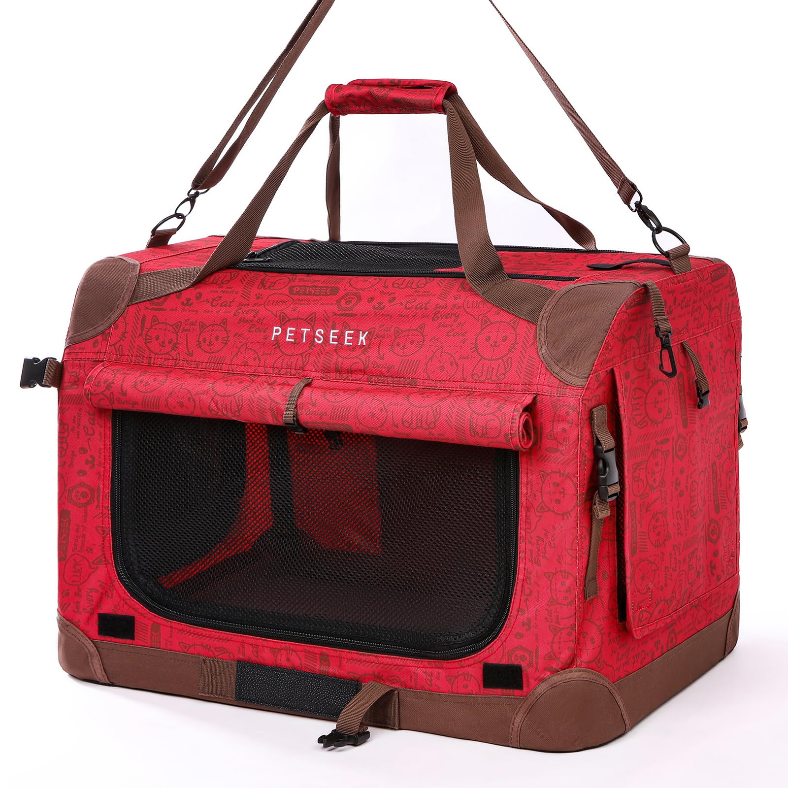 Extra Large Cat Carrier Soft Sided Folding Small Medium Dog Pet Carrier 24"x16.5"x16" Travel Collapsible Ventilated Comfortable Design Portable Vehicle with Curtain(Red)