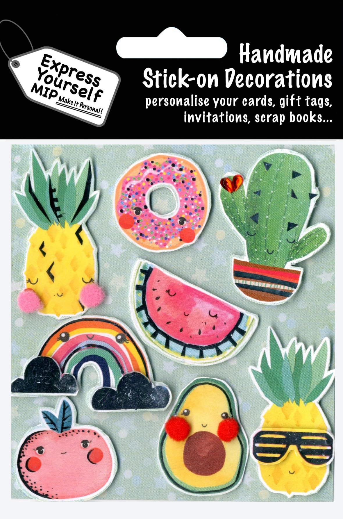 Express Yourself MIP, Handmade Decorative Stickers Set, Tropical Fruits and Rainbow Design, Ideal for Cards, Gift Tags, Invitations, Scrapbooks, 8 Pieces