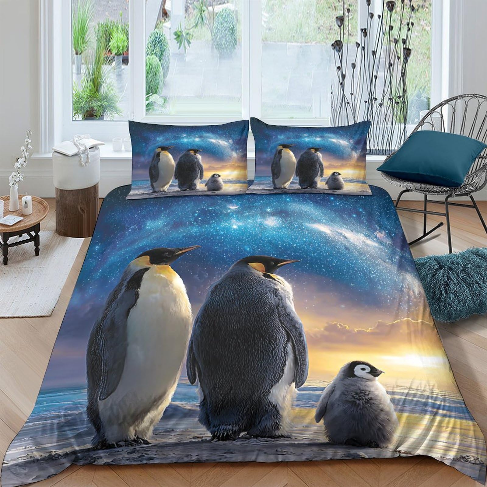 GPLZQXKJNH 3D Printed Penguin Sunset Duvet Cover Microfiber Soft Breathable Arctic Family Bedding Set with 2 Pillowcases for Bedroom Decor Single（135x200cm）