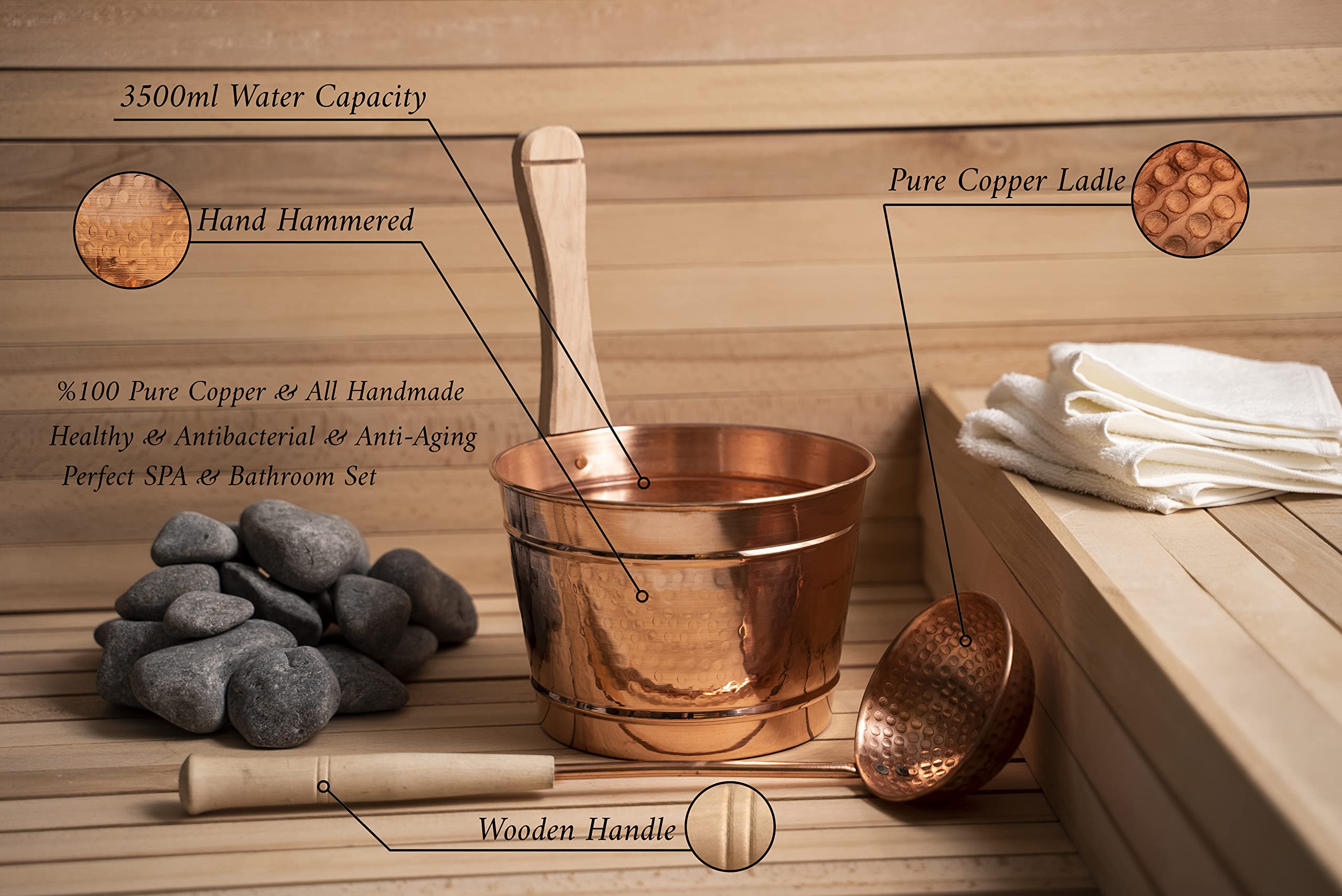 Ensemble seau et louche faits à la main 100 % cuivre massif | Accessoires de spa en cuivre martelé | Accessoires de hammam turc