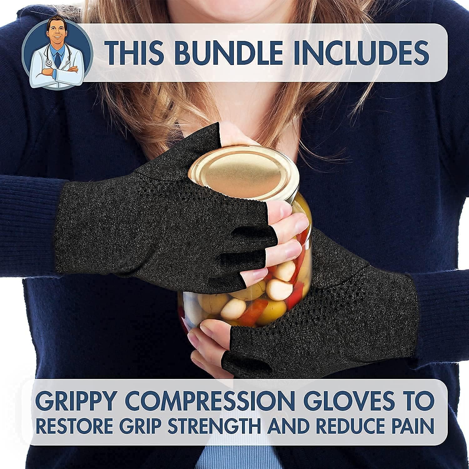 Dr. Frederick's Original Fingerless Compression Glove Bundle - 3 Pairs - Original, Grippy, and Copper Compression Gloves - for Women & Men - Triple Pain Relief - Large